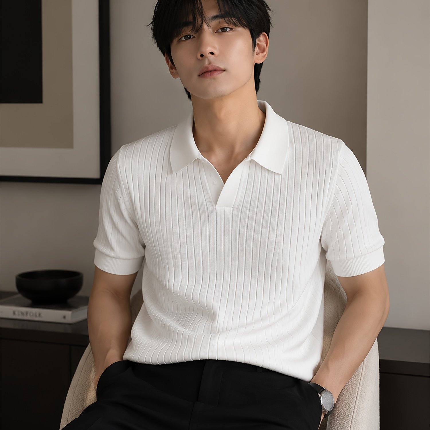 TEMU 여름 니트 폴로 세로 하프 오픈 라펠 탑 얇은 이지 풀오버 남성 캐주얼 티셔츠 여름 남성 니트 반팔 폴로 셔츠 한국 스피림 솔리드 아이스 섬유 원단 캐주얼 라펠 반팔 티셔츠 베이스 레이어