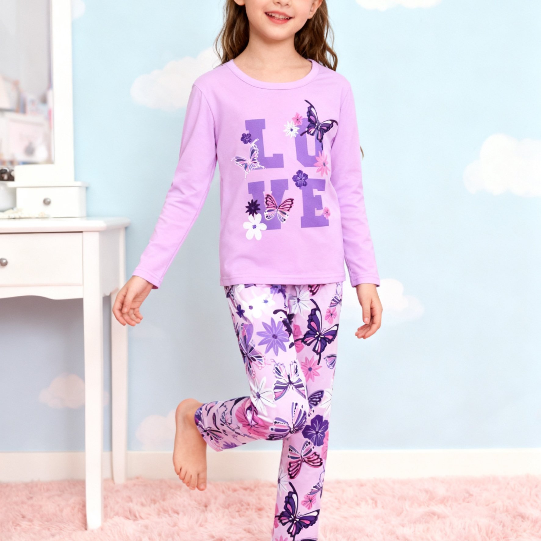Girl's 2pcs And Floral Pattern Long-sleeve Long-pants Loungewear Pajama Set, Flame Retardant Tested