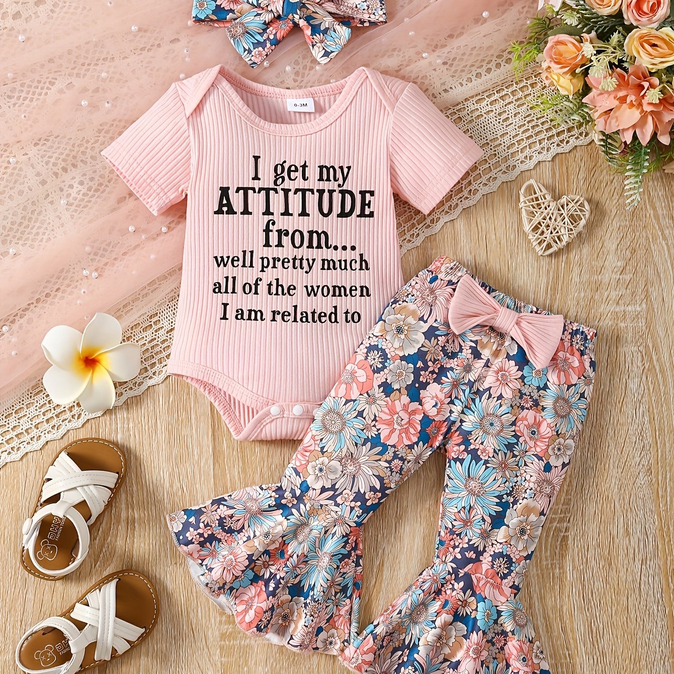 TEMU 3 New Summer Outfits For Baby Girls, I Get My From Letter Short Sleeved Jumpsuit With Floral Print Flared Pants And Headband Set, For Outdoor