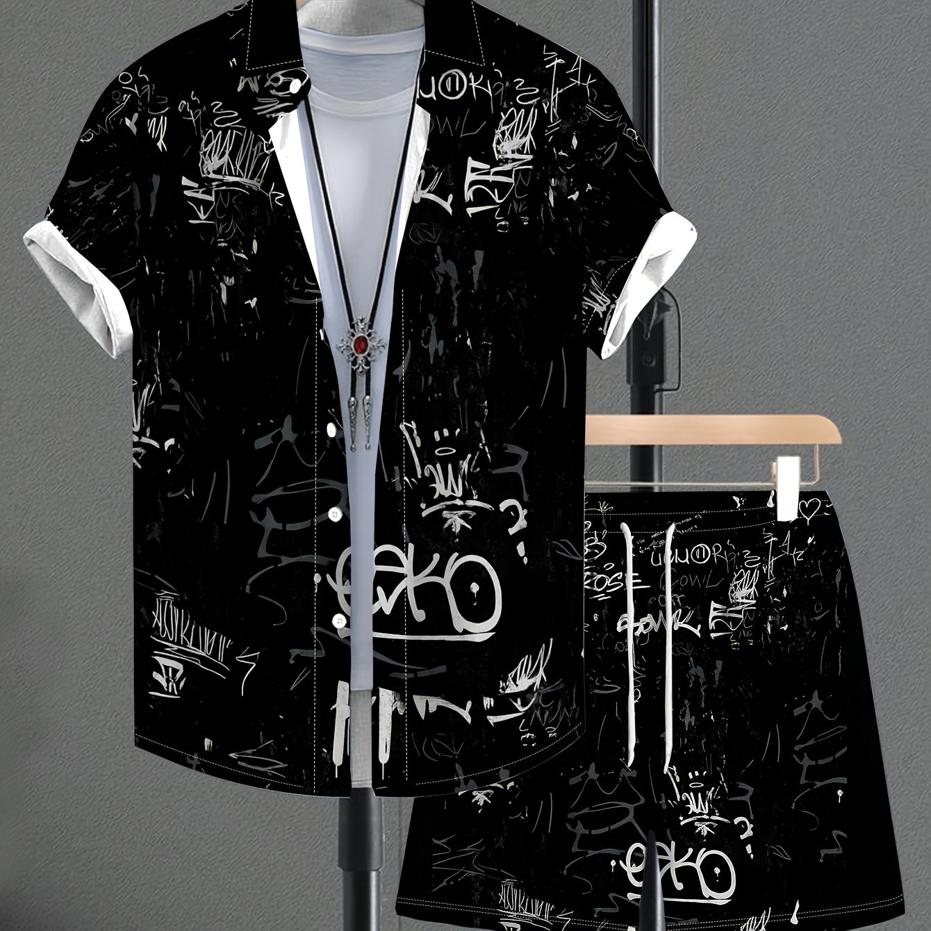 TEMU Men's Fashion Casual Short-sleeve Shirt And Pants Set | Printed Non-stretch Fabric, Lapel Collar, Loose Fit, Perfect For Fishing And Dates
