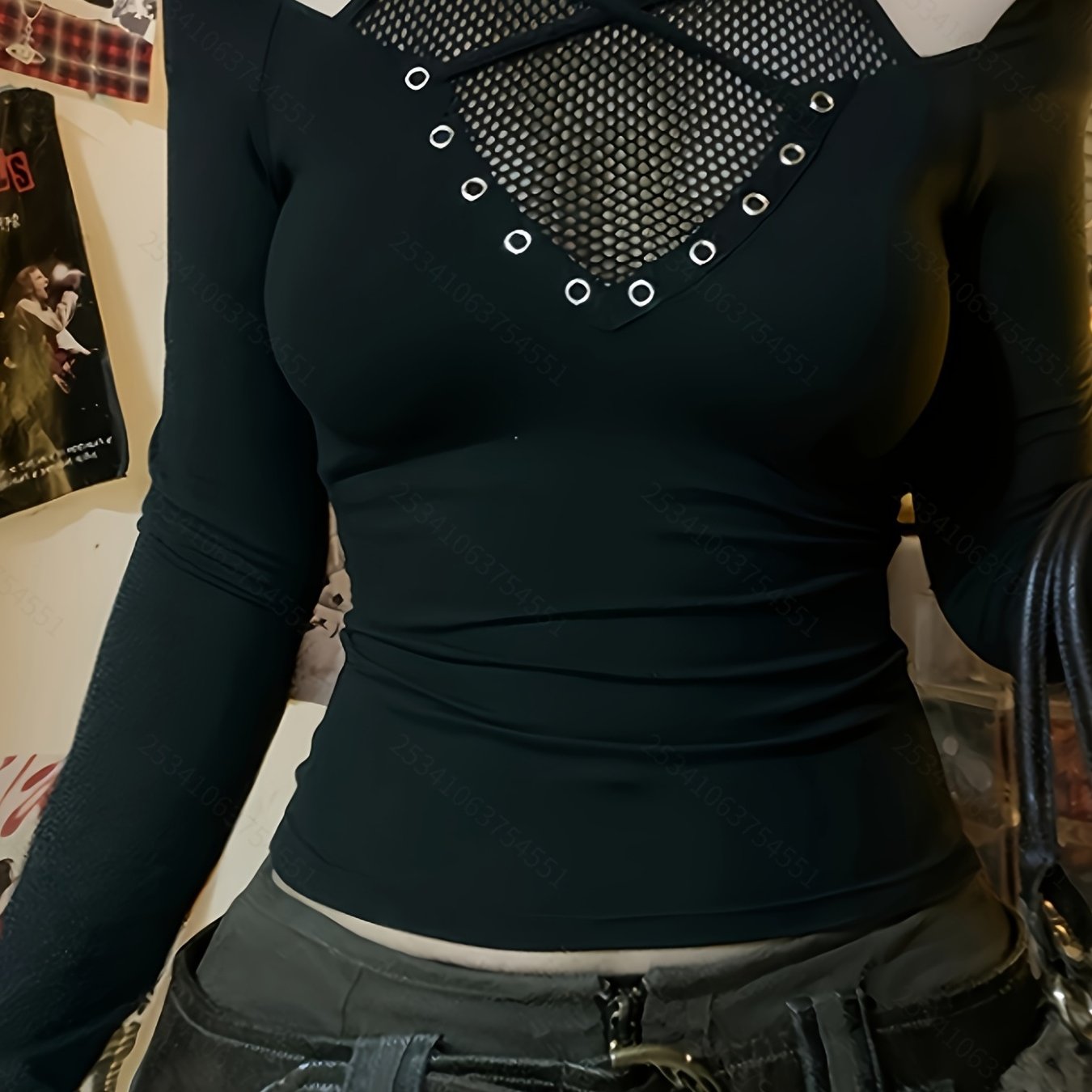 TEMU Women's Y2k Gothic Long Sleeve T-shirt - Features A Creatively Crossed Strap Neckline, Stretchy Sheer Top, Perfect For Concerts, Parties, And