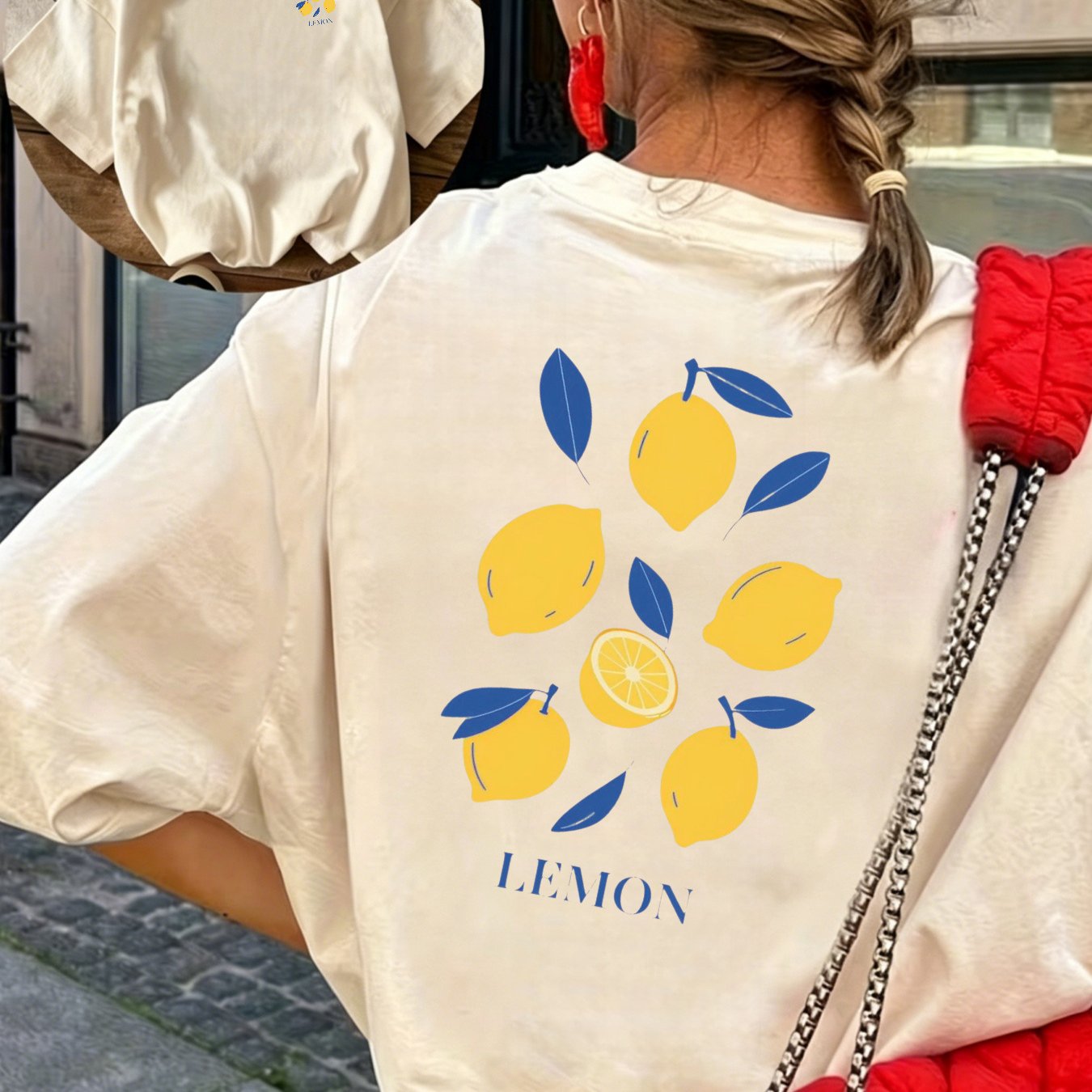 Image of Women's Lemon Print Short Sleeve T-shirt - Oversized Round Neck Blouse Suitable For Summer Outdoor Casual Wear, Loose Fit T-shirts With Lemon, Machine Washable Spring Summer Fall Wardrobe Essential