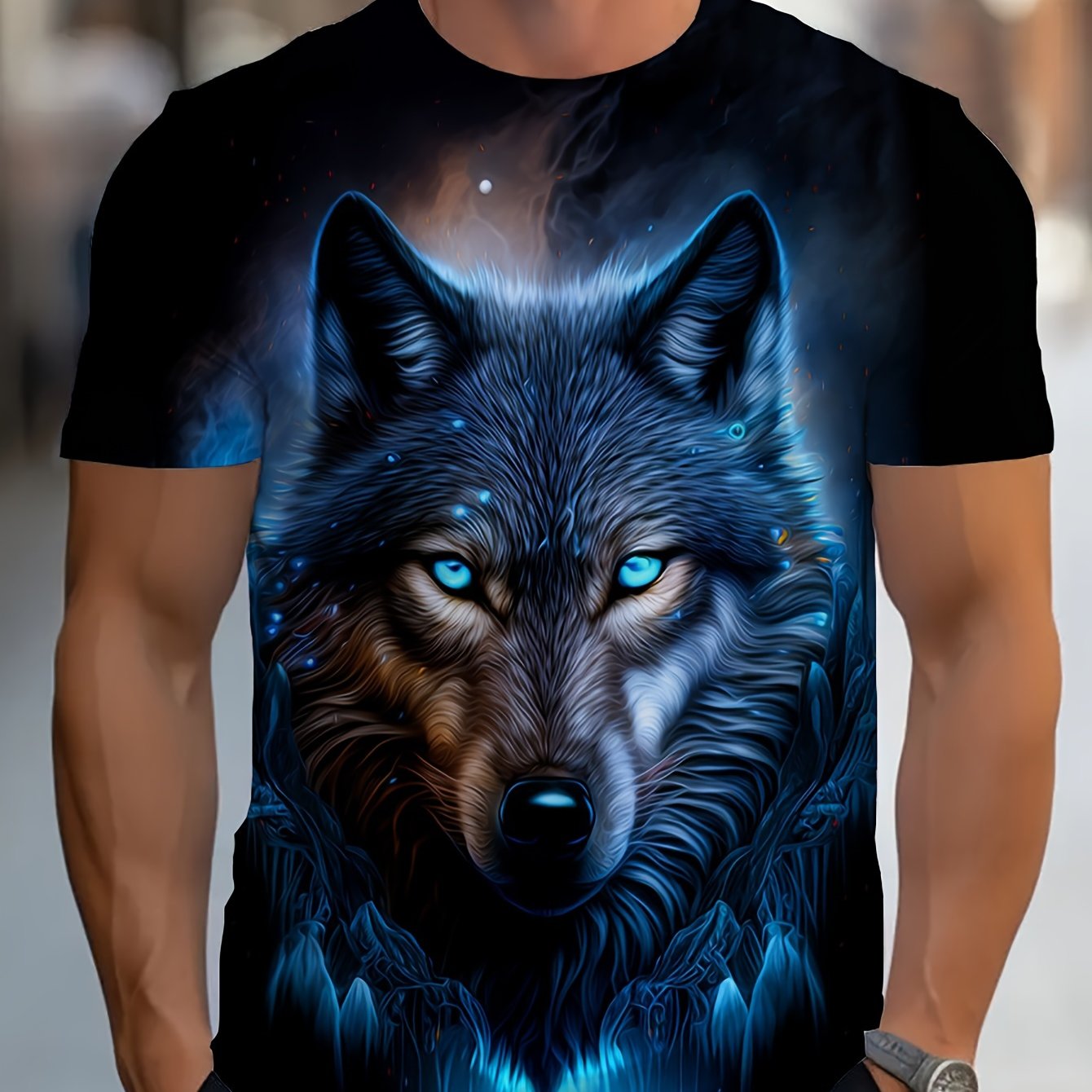 E-shop Herren Sommer Outdoor Kleidung, Wolf Print T-Shirt, Lässiges Kurzarm Rundhals Tee