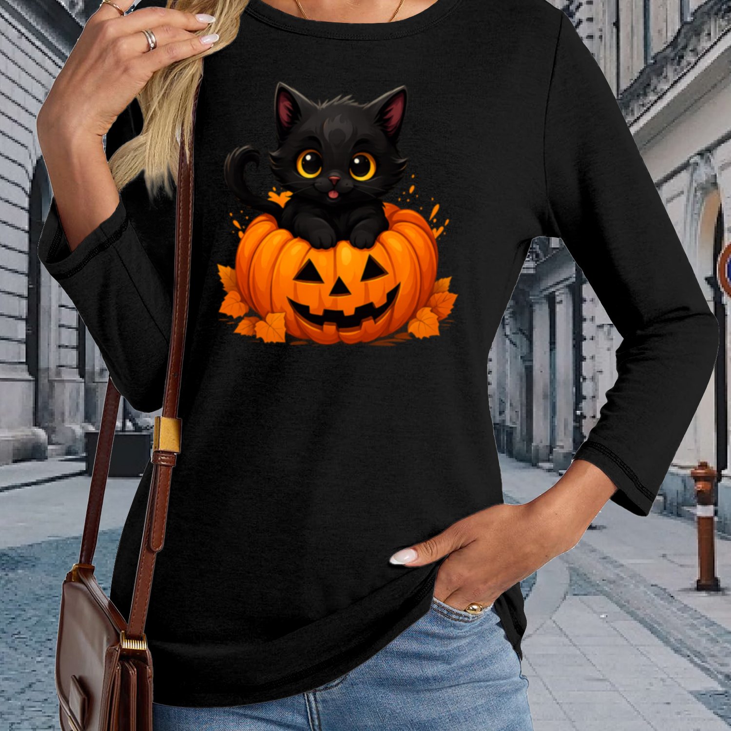 TEMU Women's Long-sleeve T-shirts Featuring A Black Cat And Pumpkin Design, Made From Breathable Fabric With Medium Stretch