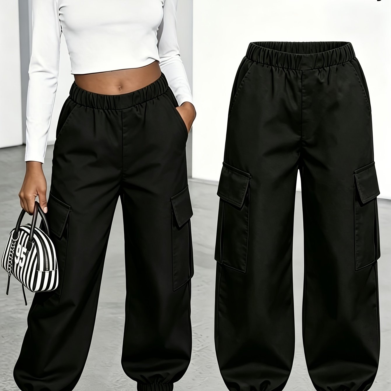 TEMU Women's Plus-size Cargo Pants - Solid Color Overalls With Multi-pocket Trouser, Hem & Pocket, Machine Washable Suitable For Commuting,, Parties,