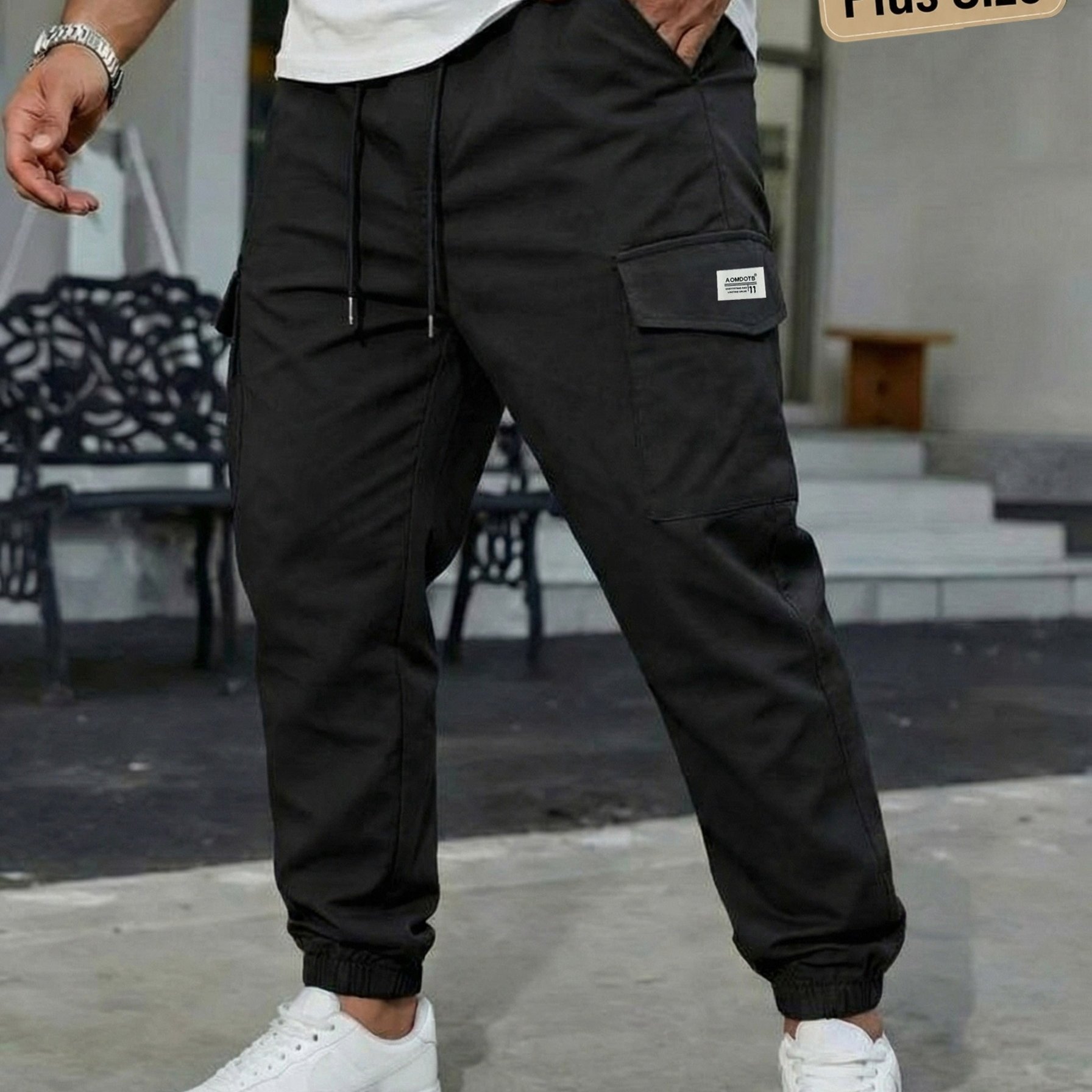 TEMU Plus Size Men's Multi-pocket Cargo Pants, Loose Fit, Solid Color Casual Big And Tall Trousers, Men's Loose Drawstring Long Pants, Suitable For ,