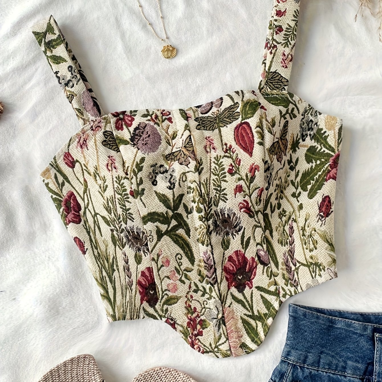 E-shop Damen Crop-Träger-Tanktop mit Vintage-Print, eleganter schöner Blumen- Blätterdruck im Hofdamen-Stil, geeignet für Partys, heißer -Style
