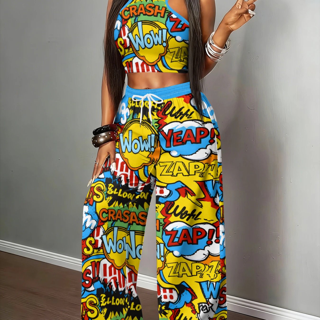 TEMU A Women's Set Featuring An American Comic Graffiti Print Top And Wide-leg Pants, Designed In A Vintage Style With A Loose Fit And Flattering