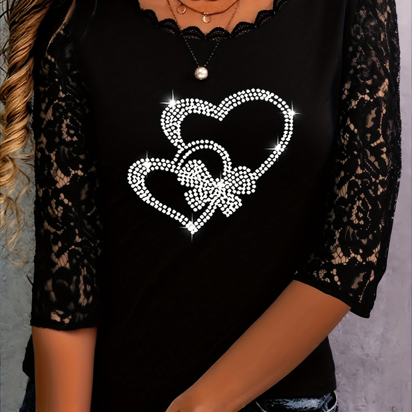 Image of Elegant Women's Trendy V-neck T-shirt With Lace , Rhinestone Embellishments, And A Heart-shaped Bow
