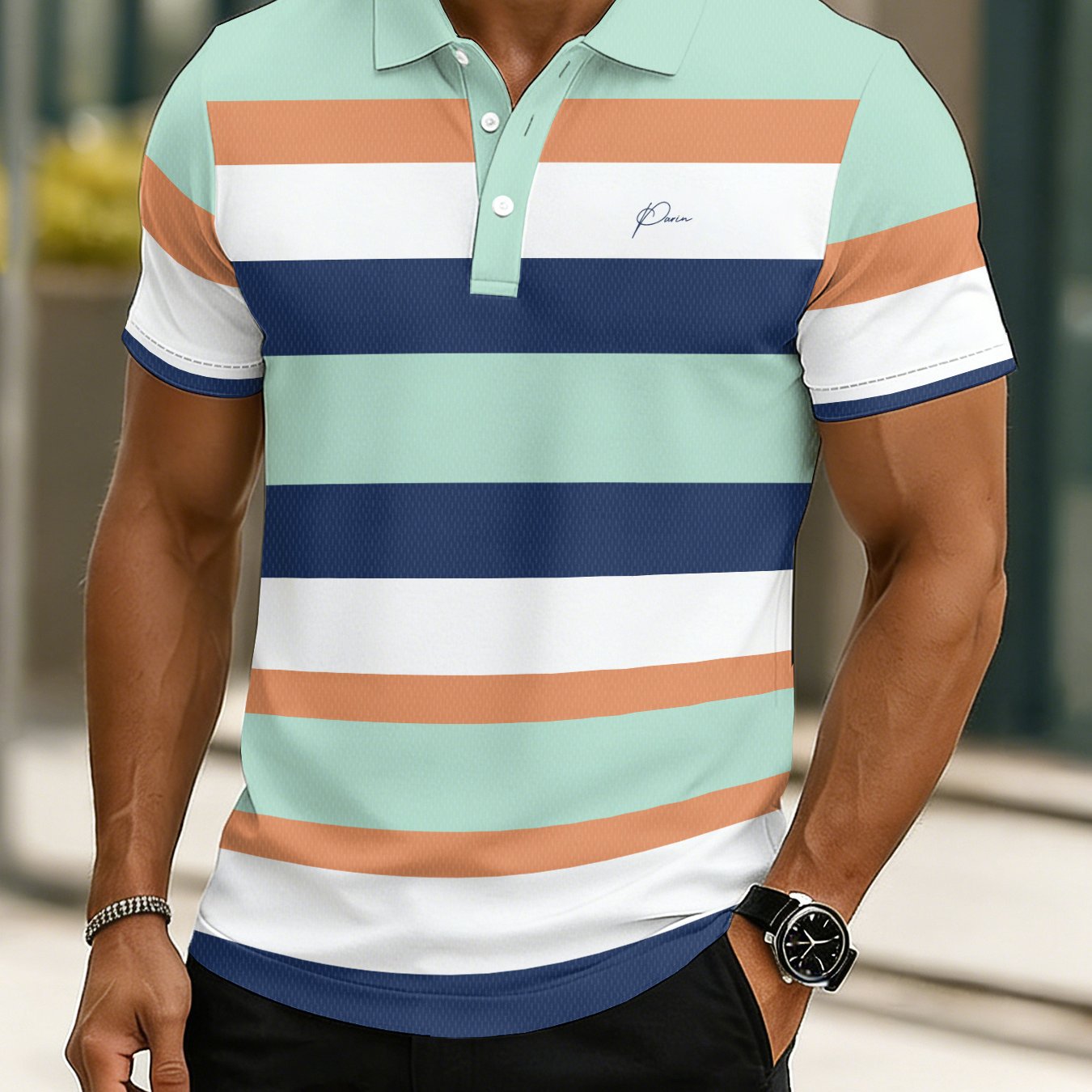 TEMU Men's Shirt Short Sleeve Golf & Casual Suitable For Golf, Summer Wear, Business-casual - Breathable Striped Collar, Machine Washable Regular Fit