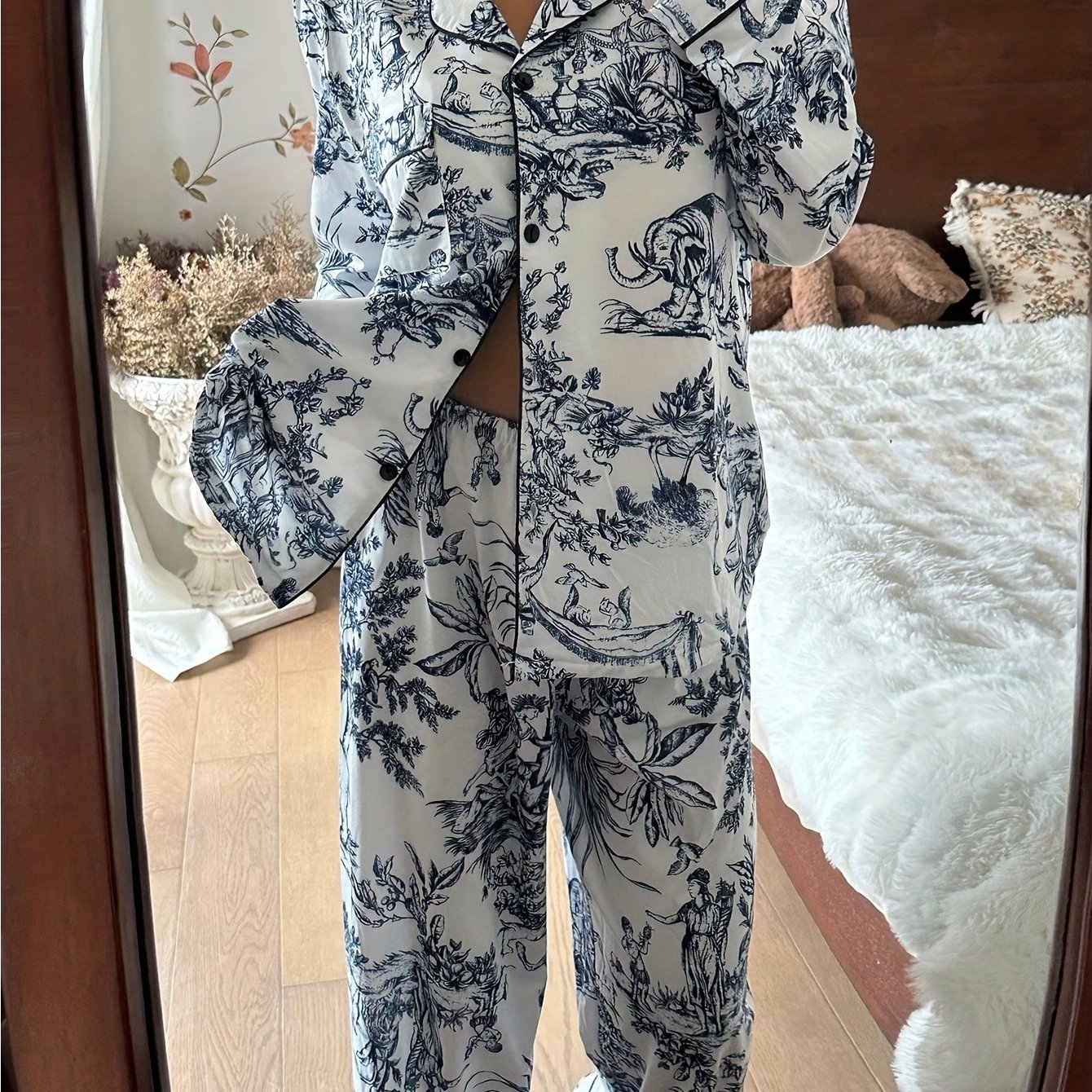 E-shop Damen Satin Pyjama-Set mit chinesischem Muster Landschaftsdruck, Langarm Hose, Kragen-Design, passendes Pyjama-Set, Damen Casual-Set, bedrucktes