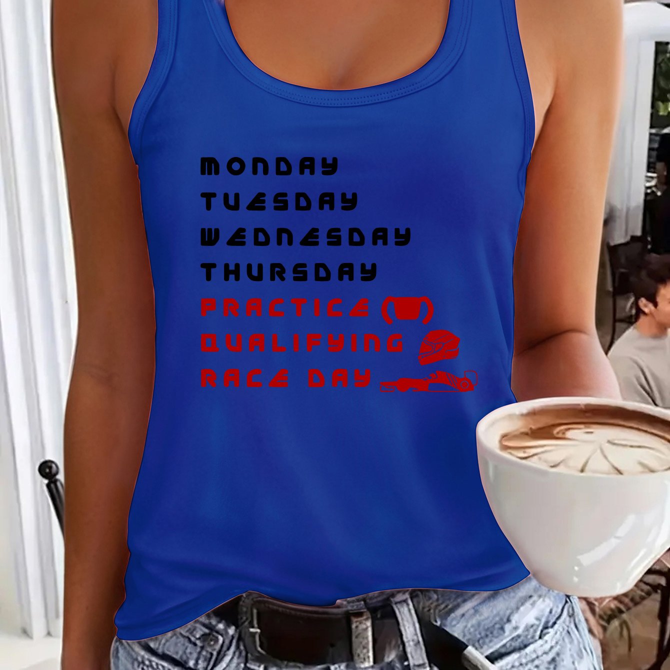 TEMU MONDAY Dames Casual Mouwloze Vest - Monday Motiverende Lettering & Race Grafische Print, Levendig Blauwe Ronde Hals Tanktop, Medium -Wasbaar