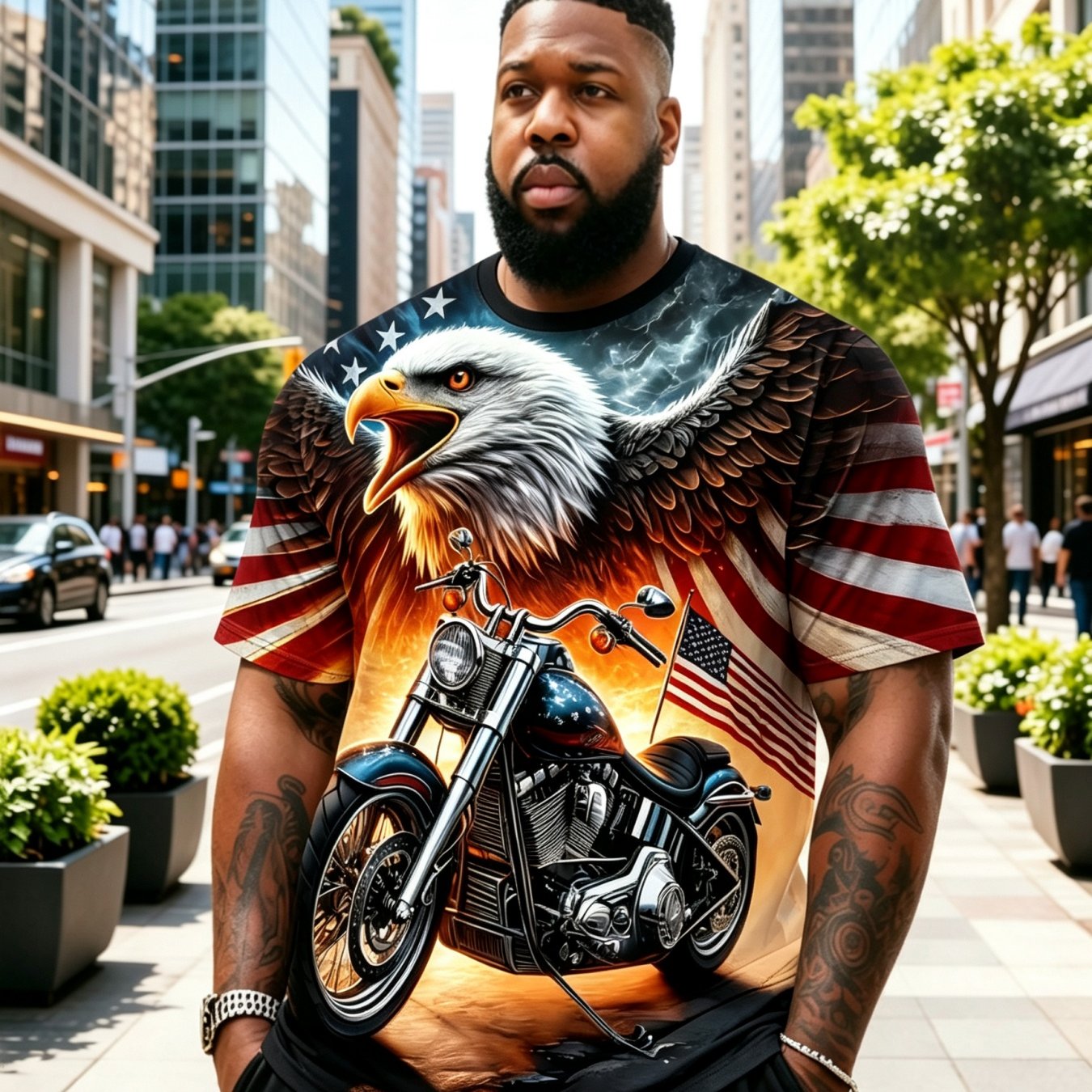 TEMU T-shirt Plus Size Eagle American Flag Motorcycle Fire Lightning Full Print T-shirt City Downtown Street Loose Round Neck Short Sleeve Patriotic