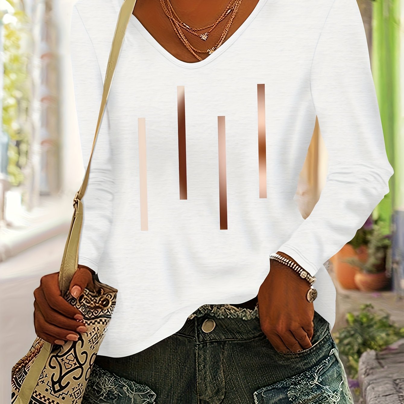 TEMU T-shirt décontracté pour femme, style européen et américain, pour /hiver, polyvalent , simple et confortable, à col en V, manches longues, de