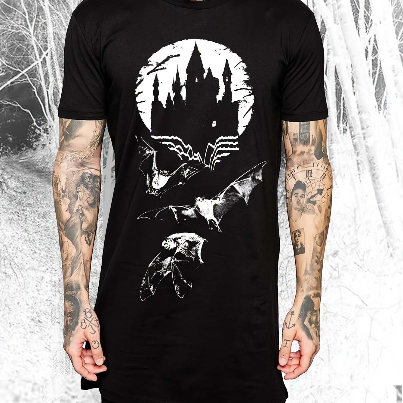 Men's Black Longline T-shirt Featuring A White Spooky Castle And Bats, Perfect For Halloween And Alternative Streetwear With A Gothic Moon Design