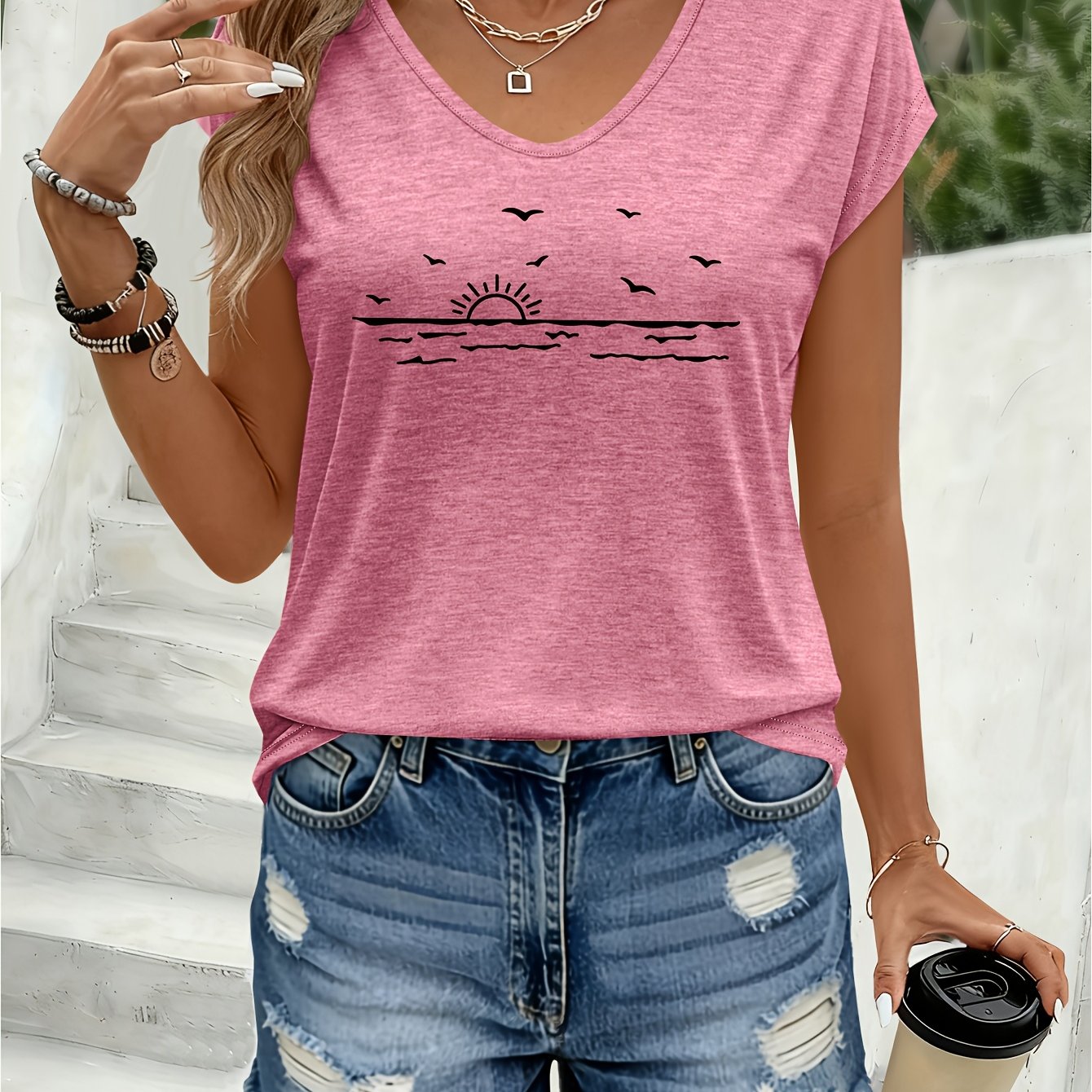 TEMU One-piece Printed Pattern Women's Colorful V-neck Cardigan T-shirt - Comfortable Spring And Summer Top, Machine Washable Regular Fit Shirt,