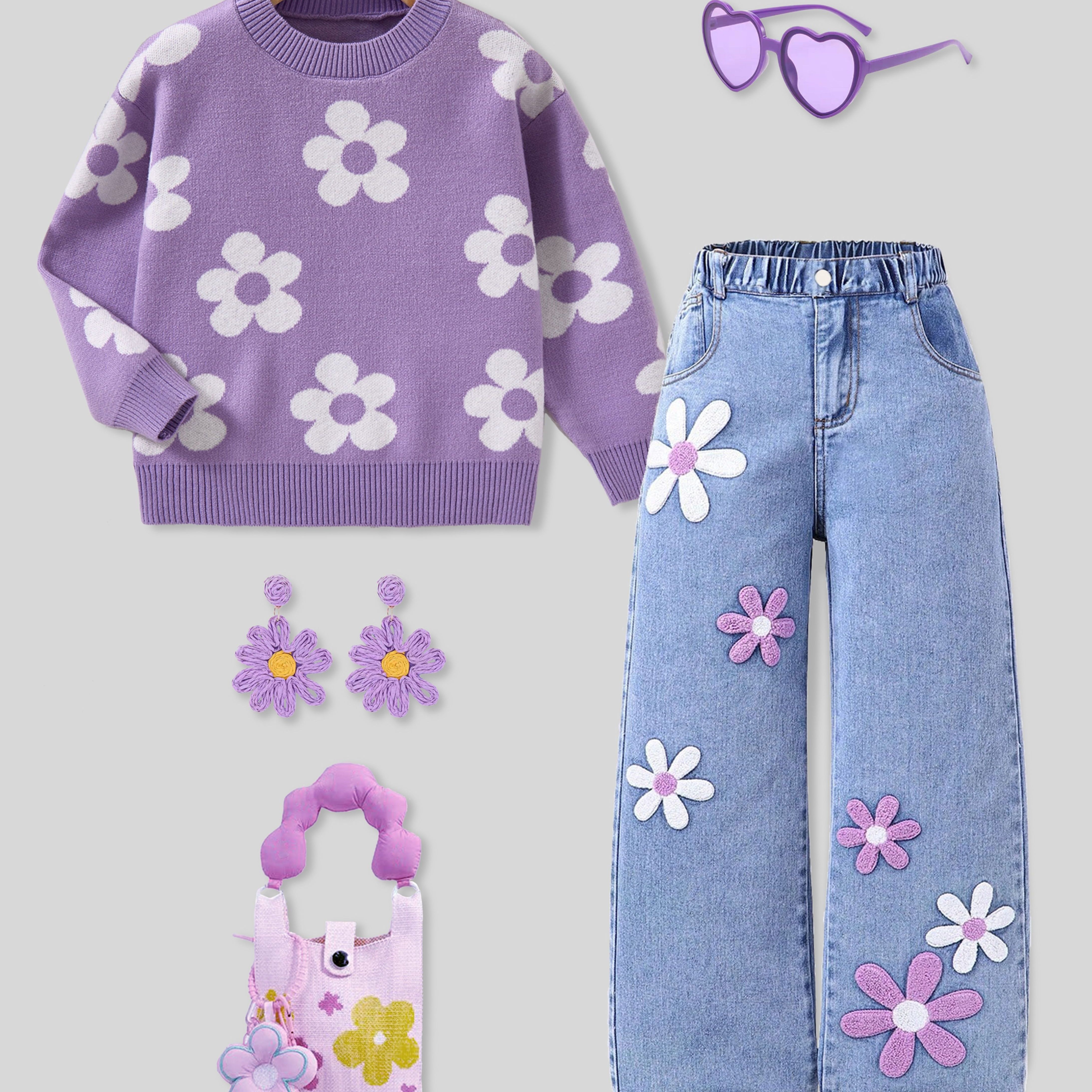 Girls' New Autumn/ Set: Lady-like Light Purple Floral Sweater + Vintage Street Style Cool Floral Embroidered Wide-leg Jeans | , Warm And Comfortable, Vivid And Cute , High-waisted For A Slimming