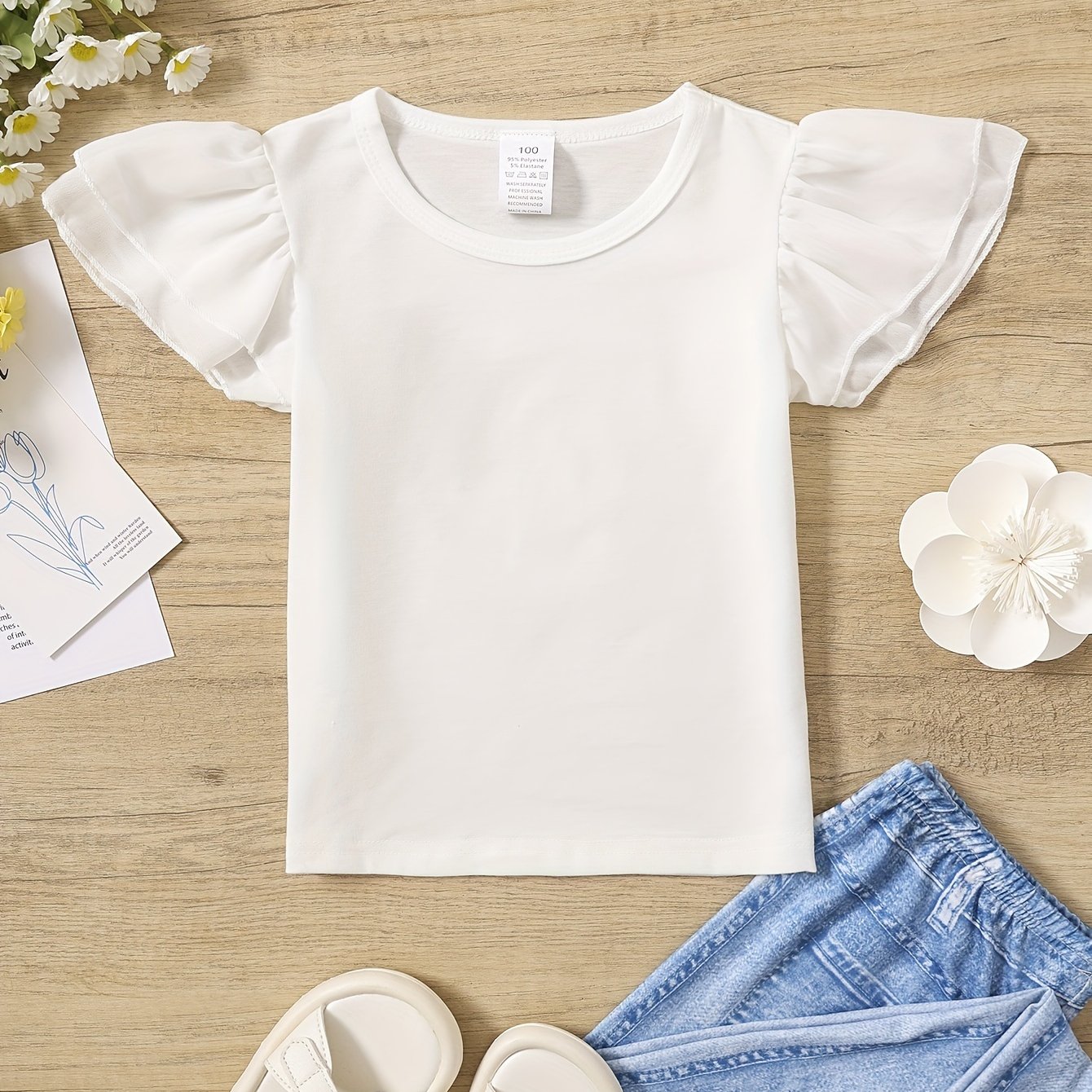 Image of Girls' Summer Knit T-shirt With Elegant Short Sleeves - Soft Lavender Solid Color Round Neck Top, Machine Washable & Breathable For Casual Playtime & Casual Attire, Shirts For Girls