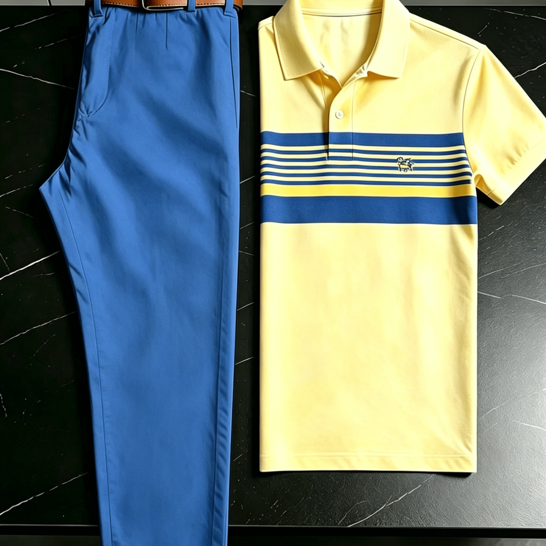 Men's 2pcs Casual Outfit Set, Color Block Horizontal Stripe Small Animal Embroidered Logo Short Sleeve Shirt + Solid Straight Leg Chino Pants, Summer Breathable Golf Daily Holiday Matching Suit