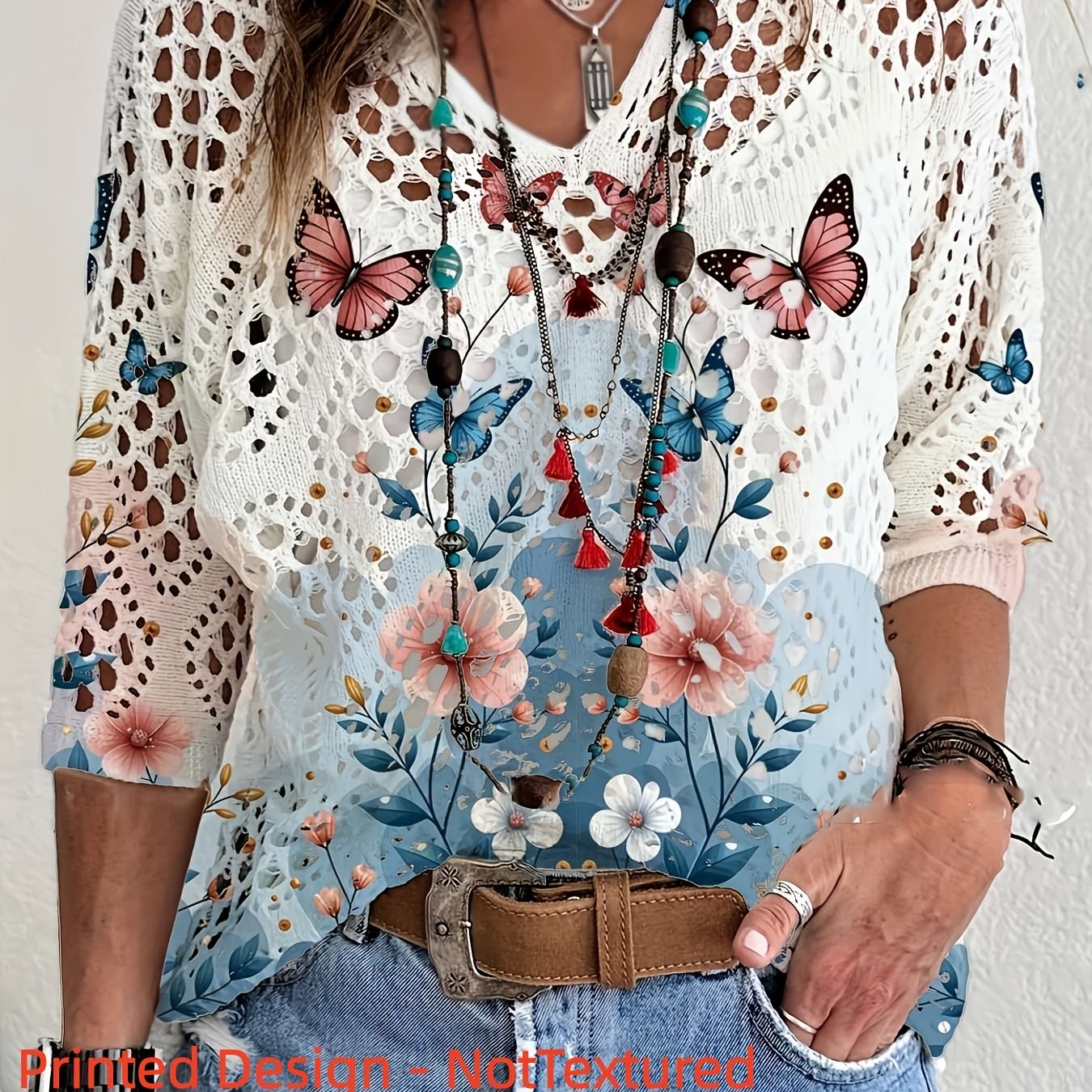 E-shop Frühling/Sommer Mode Neuer Stylischer Vielseitiger Pullover V-Ausschnitt Kurzarm Lochmuster Damenoberteil mit Schmetterlings- Blumenmuster