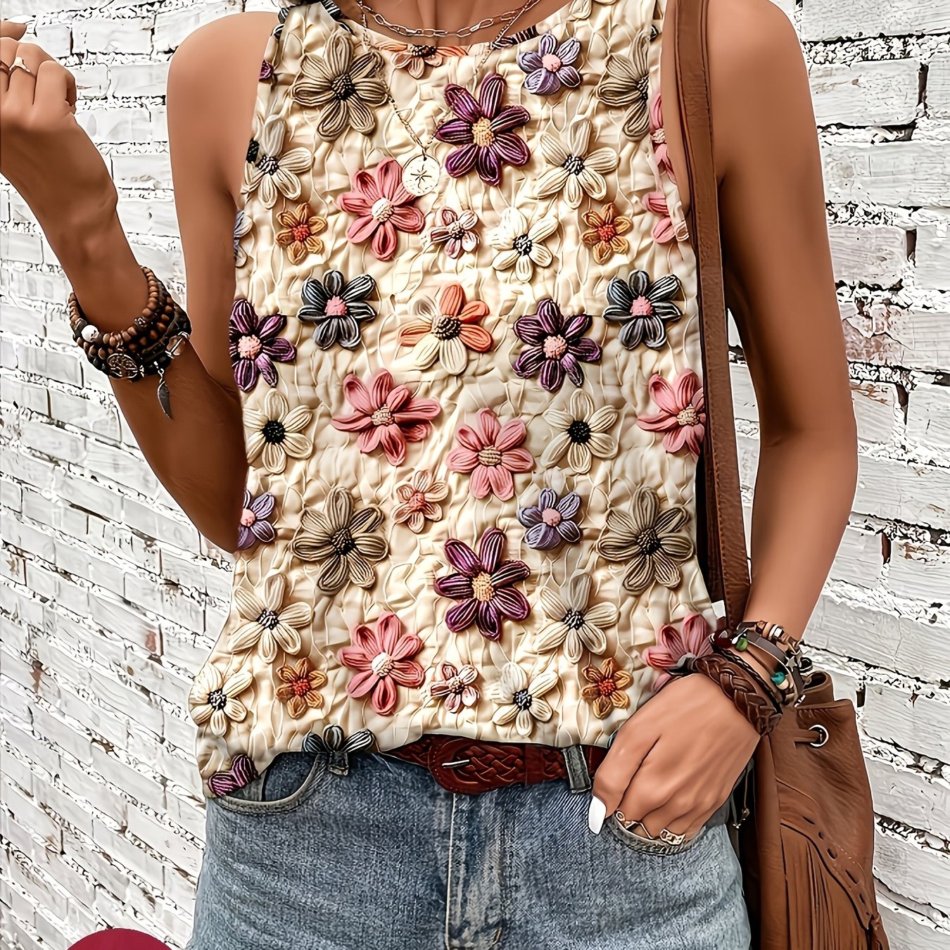 TEMU [printed Design - Not Textured] Women's Fashion Casual Floral Flower Print Pattern Tank Top