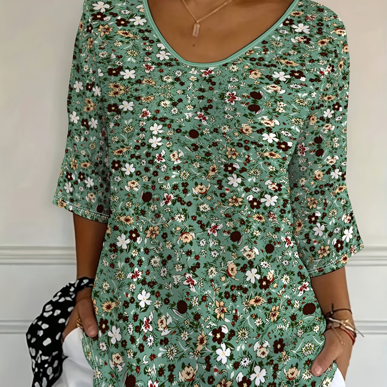 TEMU Plus Size - [printed Design-not Texture] Slim-fit American-style Short-sleeve Versatile Top, 2026 New Summer Women's Top, Friendly New European