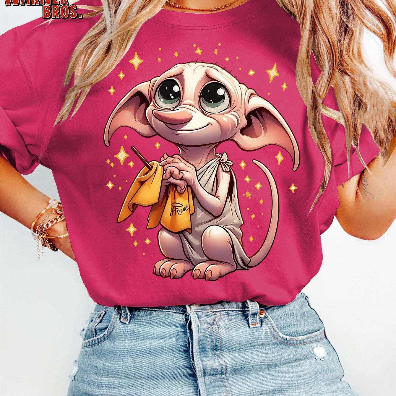 TEMU Women's Summer T-shirt, Harry Potter Dobby Elf Style Cute Cartoon Print, Round Neck Short Sleeve Plus Size T-shirt, 90s Classic Warner ., Casual
