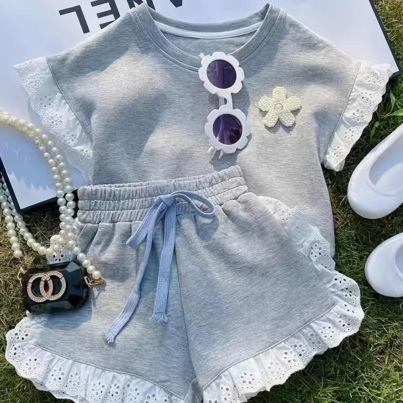 TEMU Girls' Summer Outfit Baby Korean Style Casual Lace Trim Short Sleeve T-shirt And Shorts 2pcs Set For Toddlers, Perfect For Outdoor