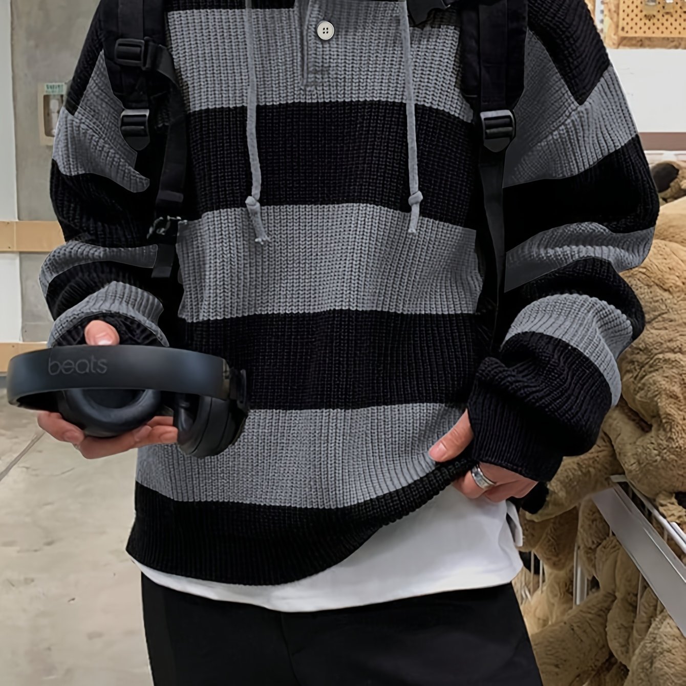 TEMU Autumn Winter Warm Striped New Versatile Casual Men's Knit Pullover Sweatshirt With Drawstring And Button Hood, Long Sleeve For Work, School,