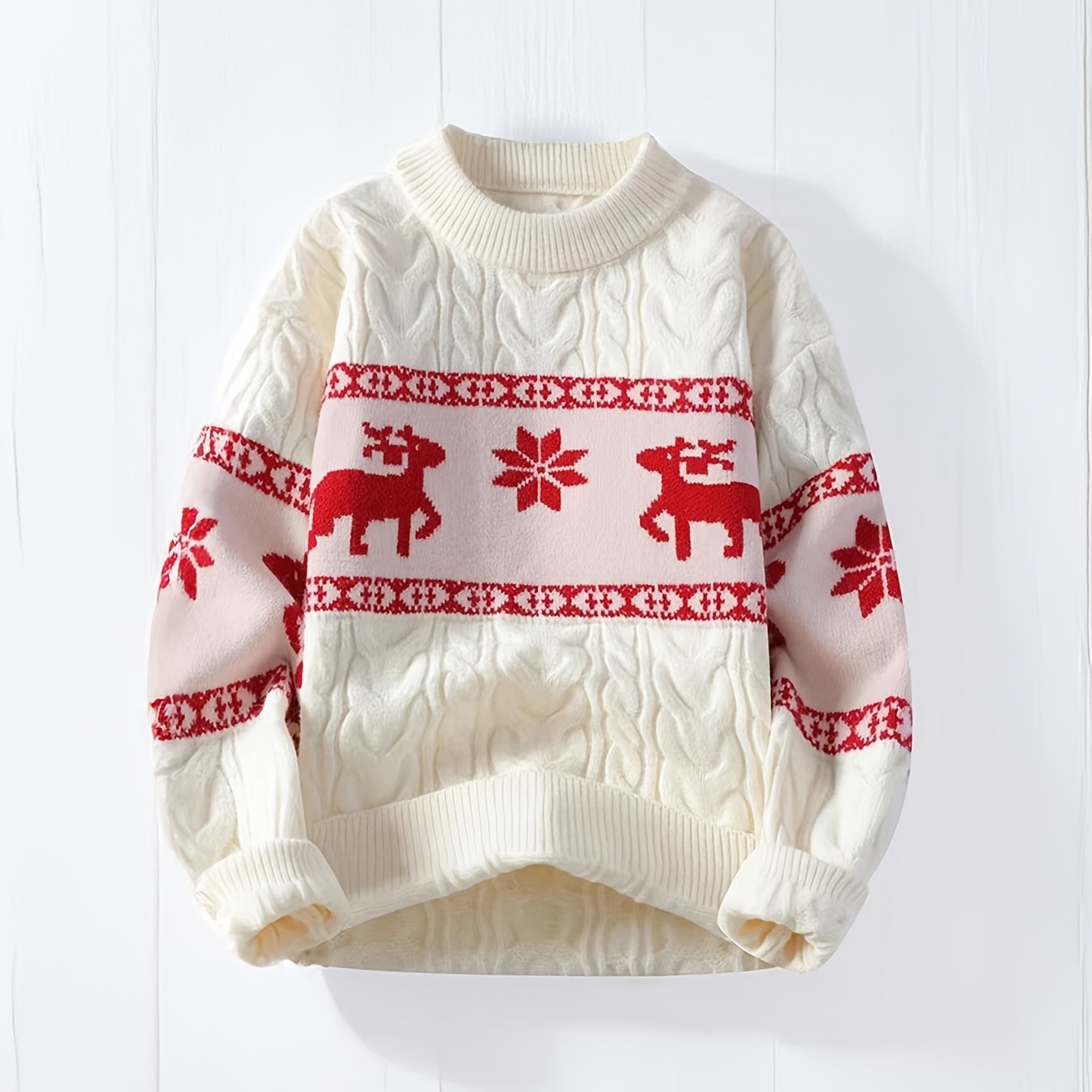 TEMU 1pc Christmas Reindeer Pattern Acrylic Knit Sweater For Women - Casual Crew Neck Loose Fit With Slight Stretch - Fall/winter Season Knitted Pullover