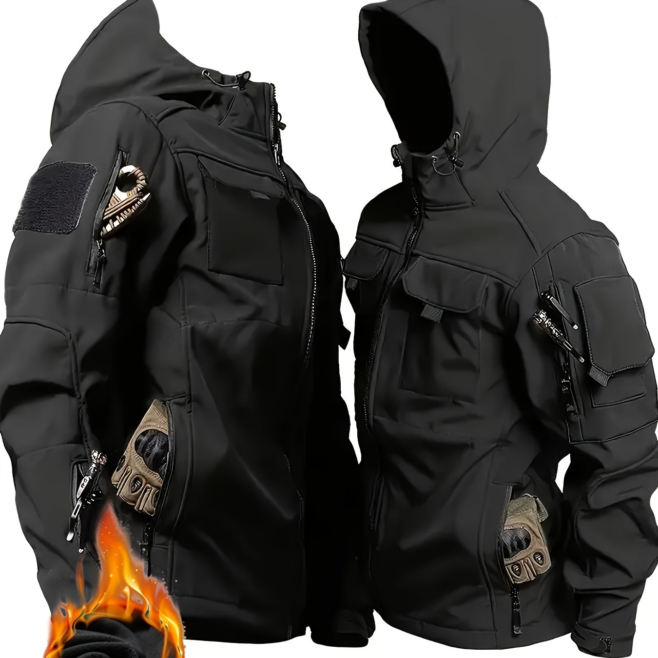 Men's Hooded Outdoor Jacket, Men's -lined Windbreaker, -lined Hooded Jacket, Soft Shell, Multi-pocket Workwear Storage Tool, -lined Motorcycle Top, Windproof, Polyester - Winter/spring/autumn