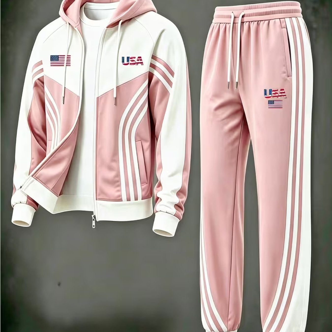 TEMU Hooded Zip-up Tracksuit Set Usa Flag Graphic Stripe Detail Casual Sportswear For Adults Men Fall Winter Street Style