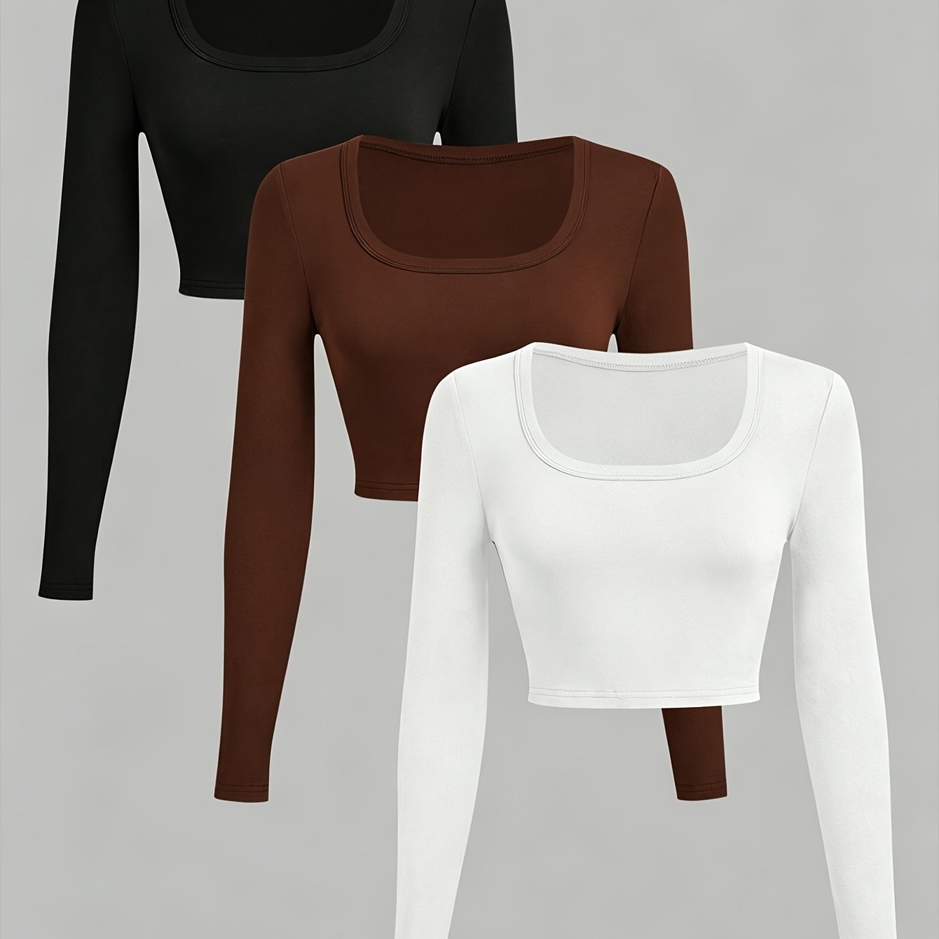 TEMU Lot de 3 t-shirts à manches longues pour femme , blanc et marron, en tissu doux et confortable avec une élasticité, parfaits pour décontractées