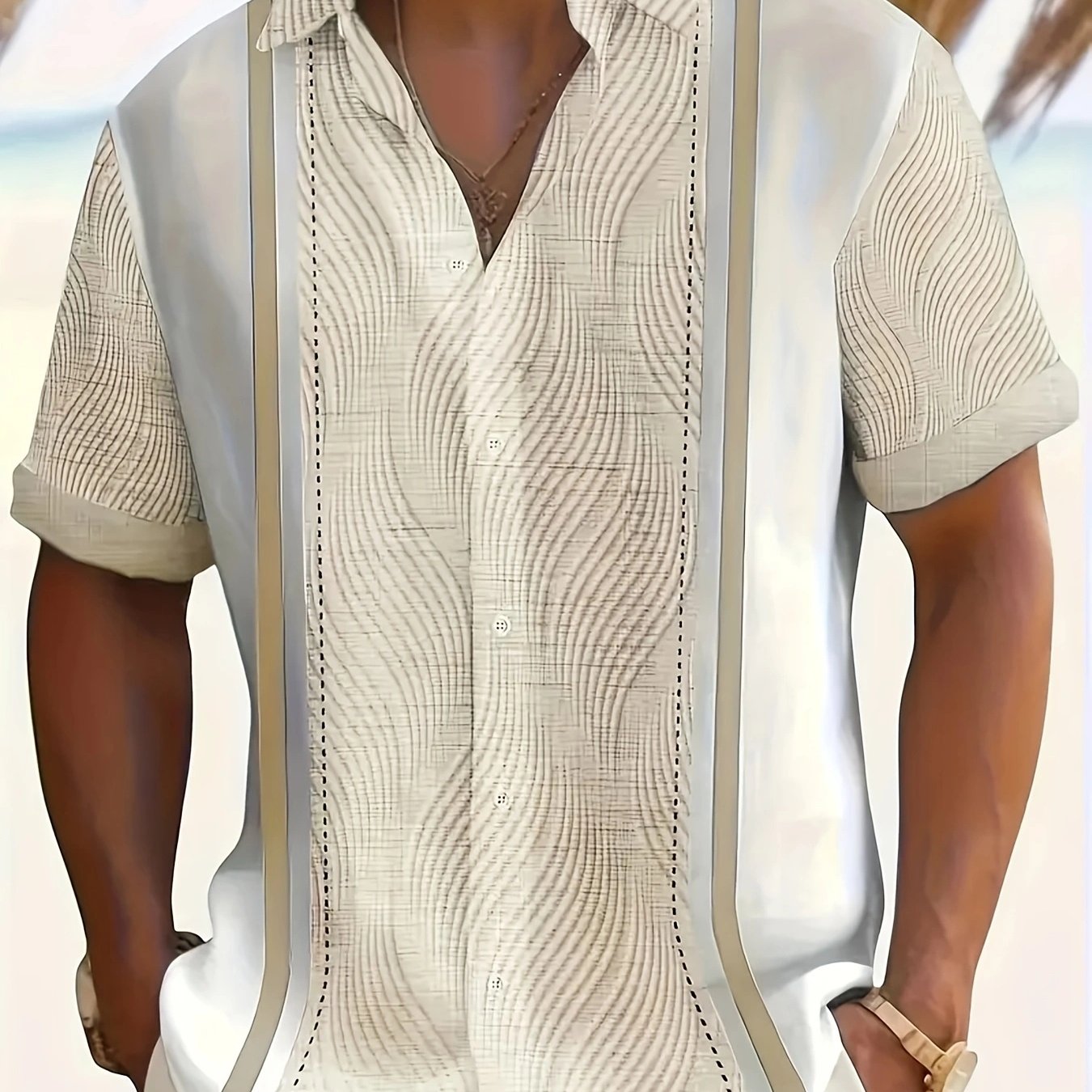 TEMU 1pc Men's Vintage Geometric Shirt - Short Sleeve Button- Summer Shirt, Polyester Woven Fabric, Regular Fit With Turn- Collar, Machine Washable
