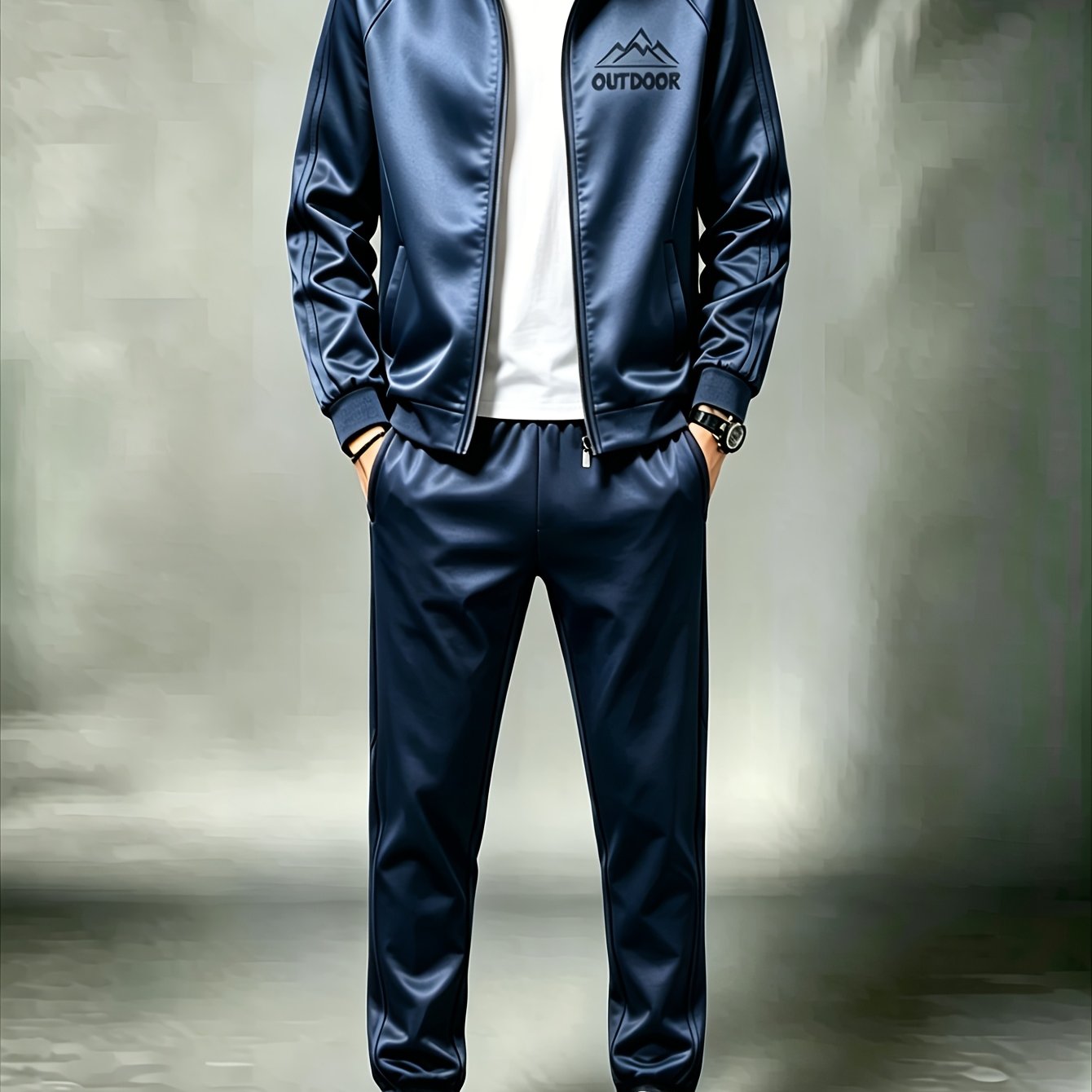 Men's Polyester Stand Collar Cardigan Set Casual Sports Navy Blue 2pcs Outfit With Outdoor Mountain Print