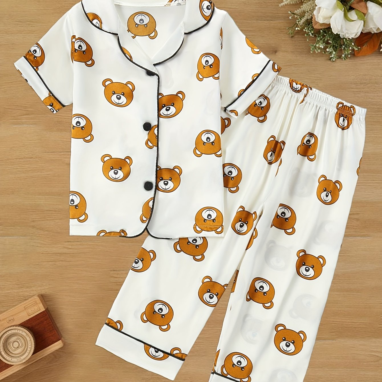 Image of Kids Summer Cartoon Bear Pajama Set, Boys Casual Sleepwear With Lapel Collar, Regular Sleeve Short Shirt And Pants, 100% Polyester, Stretch, Button Detail, Woven Fabric - 1615 Flame Retardant Tested