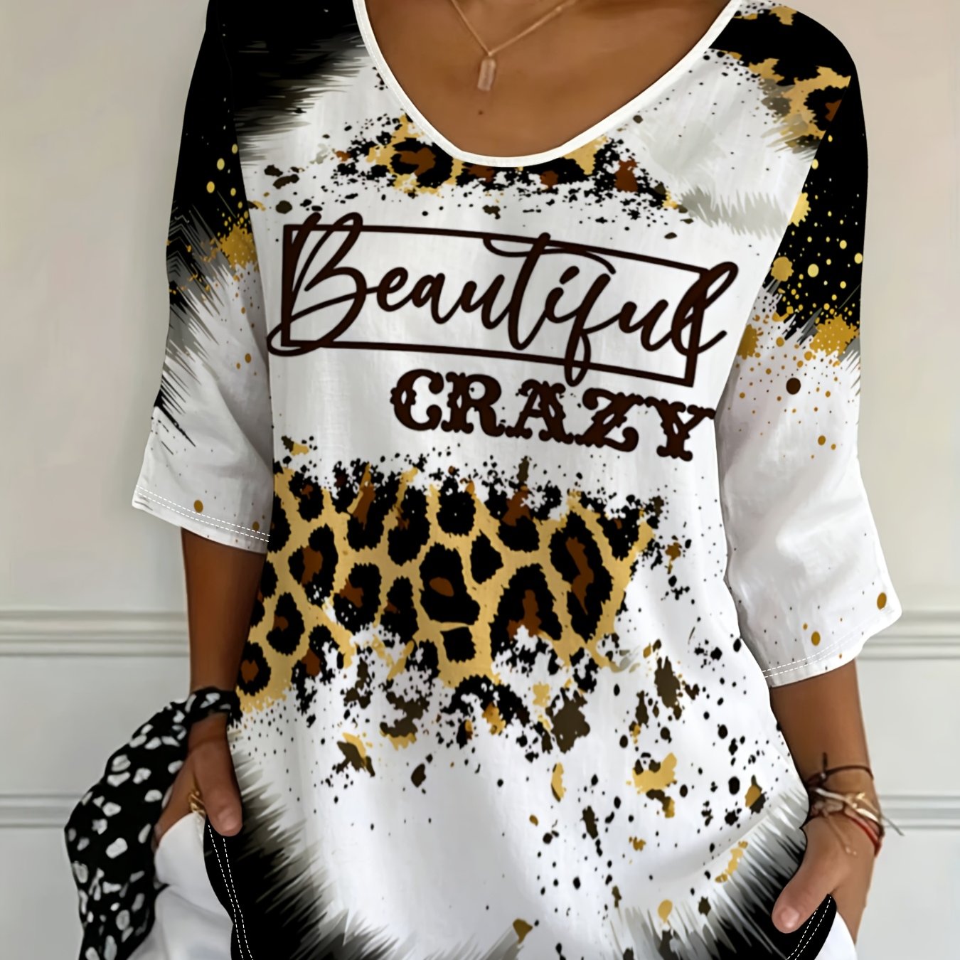 TEMU Plus Size - [printed Design-not Textured] Plus Size Women's Leopard Print Top, Artistic Golden And Black Paint