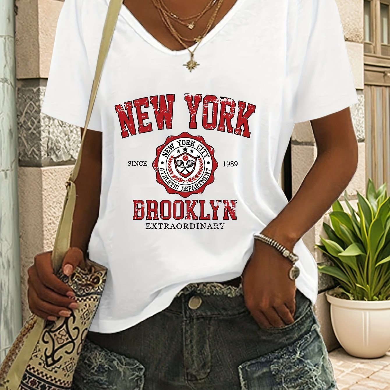 E-shop Plus Size Damen V-Ausschnitt Kurzarm T-Shirt – Bequemes, Lockeres Stretch-Oberteil mit Grafikdruck, Weißes Frühlings-Sommer-Herbst Shirt,