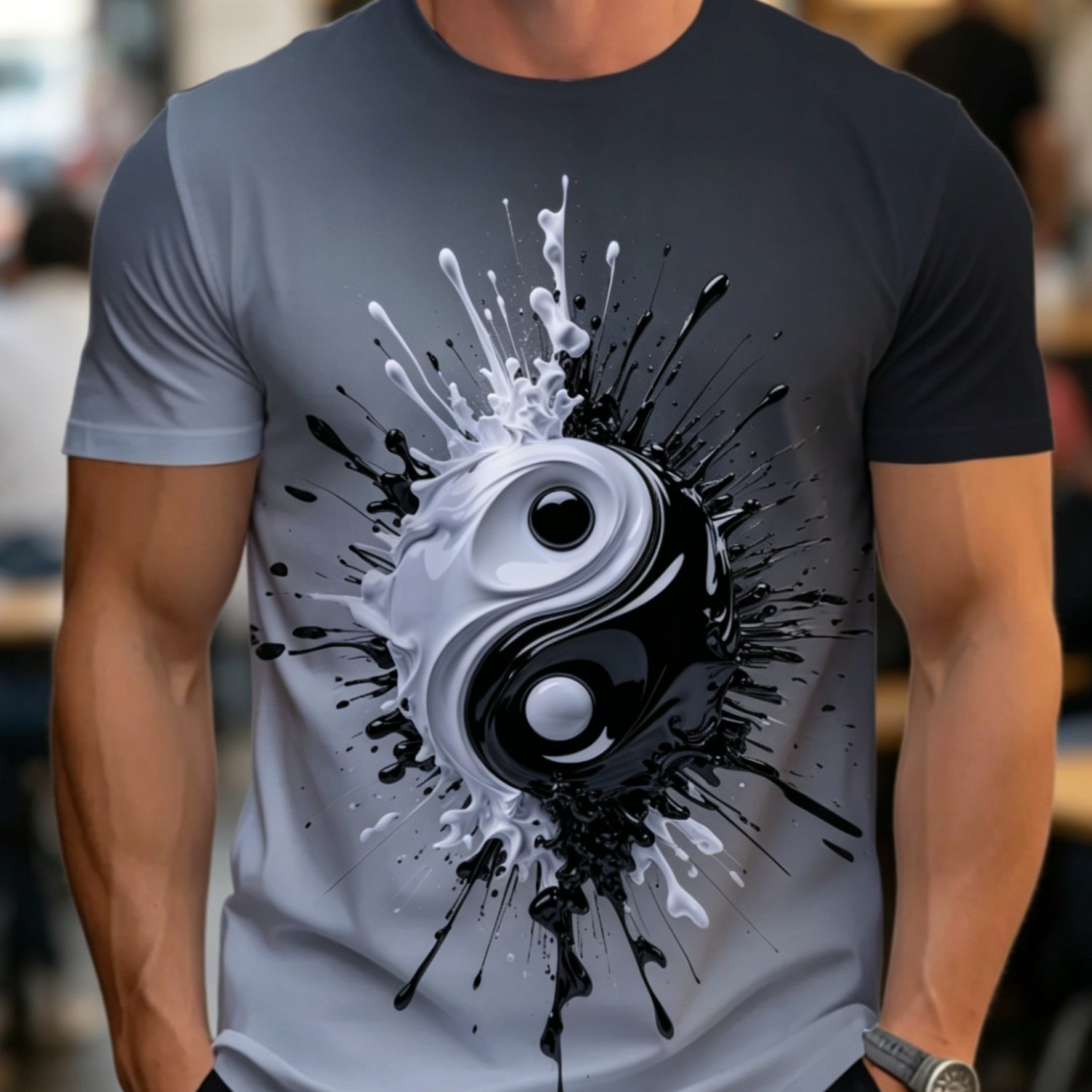 TEMU Men's Yin Yang T-shirt - Yin Yang Symbol Print Short Sleeve Tee, Lightweight Breathable Gray Shirt Suitable For Dining & Casual Wear, Machine