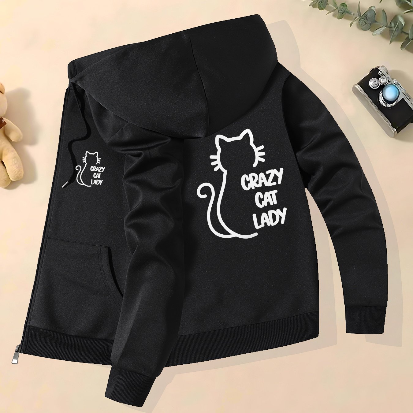 TEMU Veste à Capuche Imprimé Chat pour Hommes - Décontractée & Élégante, Zippée avec Poches pour Automne/Hiver, Haut de Gamme, Col Montant,