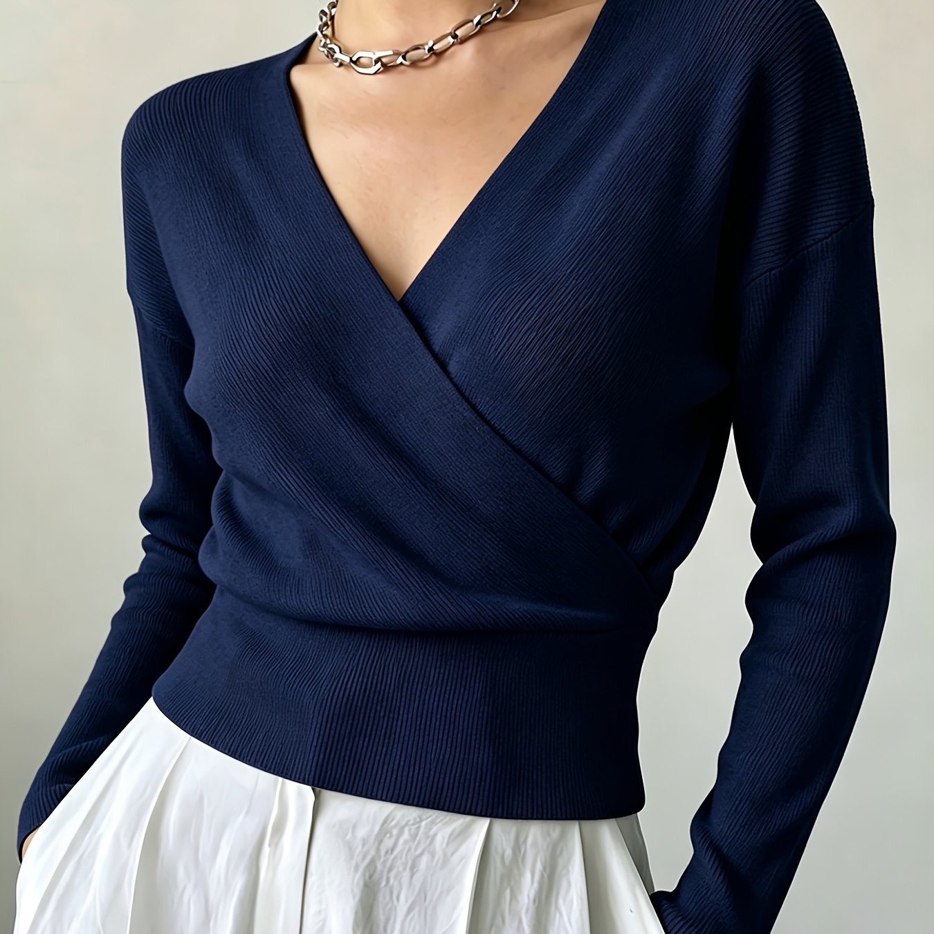 TEMU Women's New Ins Autumn Winter Cross-collar Pullover, Temperament All-match Loose Machine Washable Long Sleeve Sweater