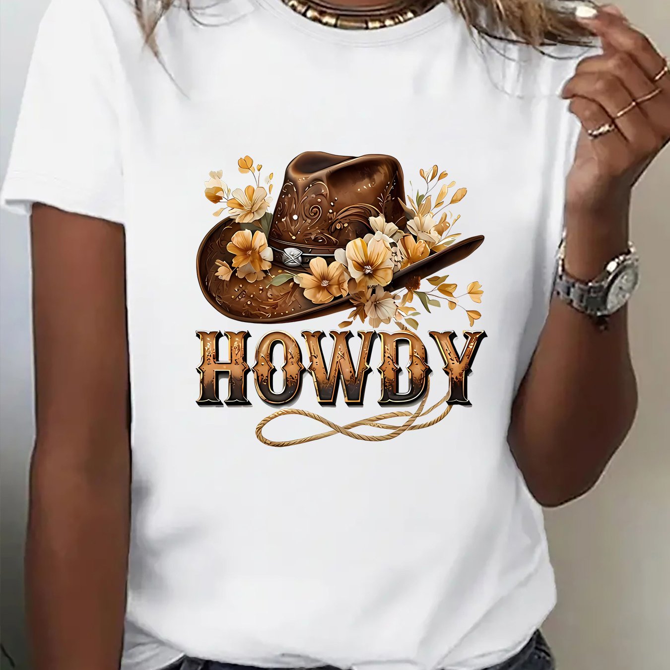 TEMU A Fun Printed Short-sleeve Shirt Featuring A Friendly Floral Pattern With A Western Cowboy Style Hat, This Women's Fashionable Casual T-shirt Is