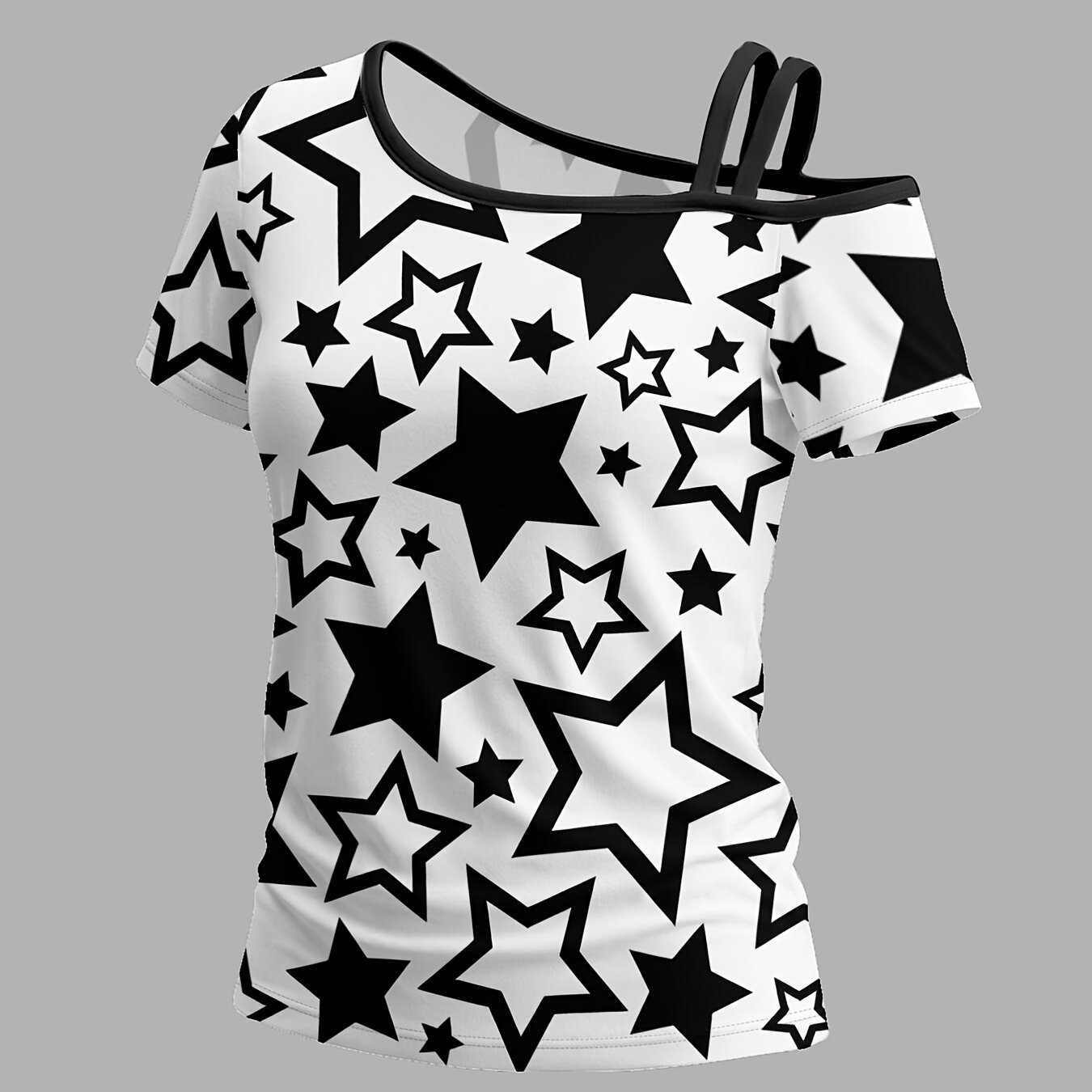 TEMU Black Star Printwomen's Off-shoulder Short-sleeved T-shirt With Single Shoulder Strap, Featuring A Unique Asymmetrical Design, Trendy Prints,