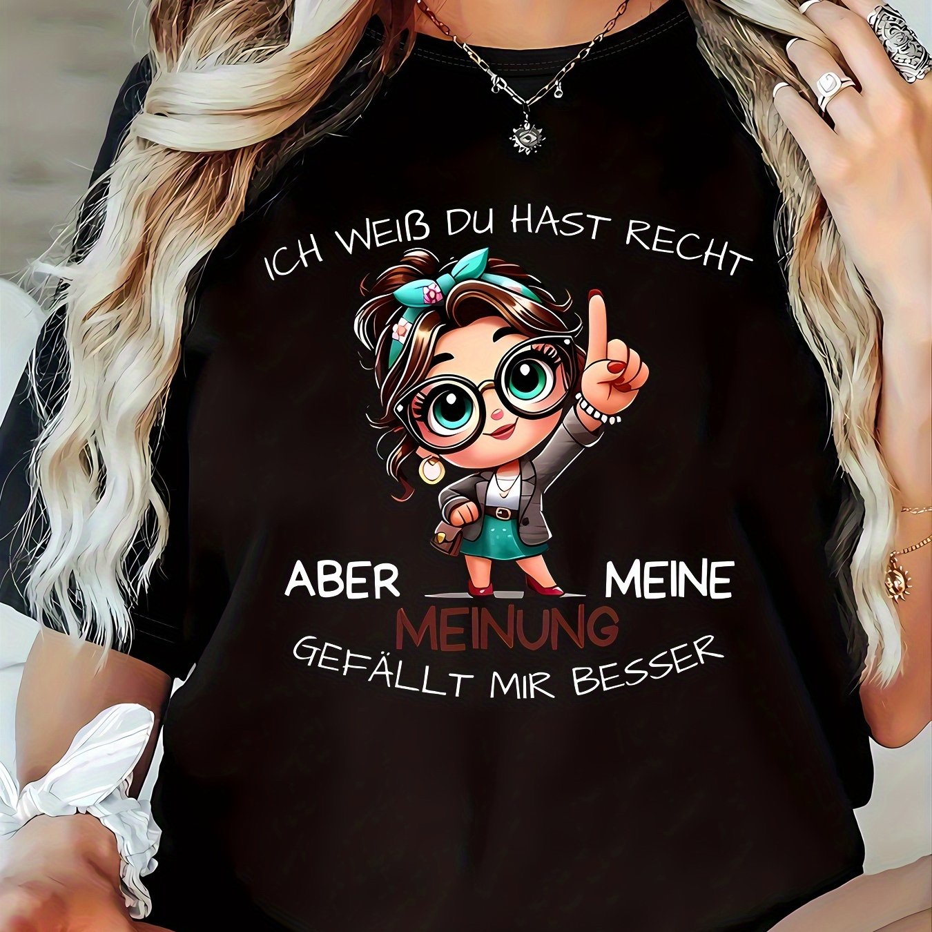 Image of Plus Size, "i You', But " German Cartoon Text Print T-shirt, Fabric, Round Neck, Pullover Style, Wear, Perfect Gift