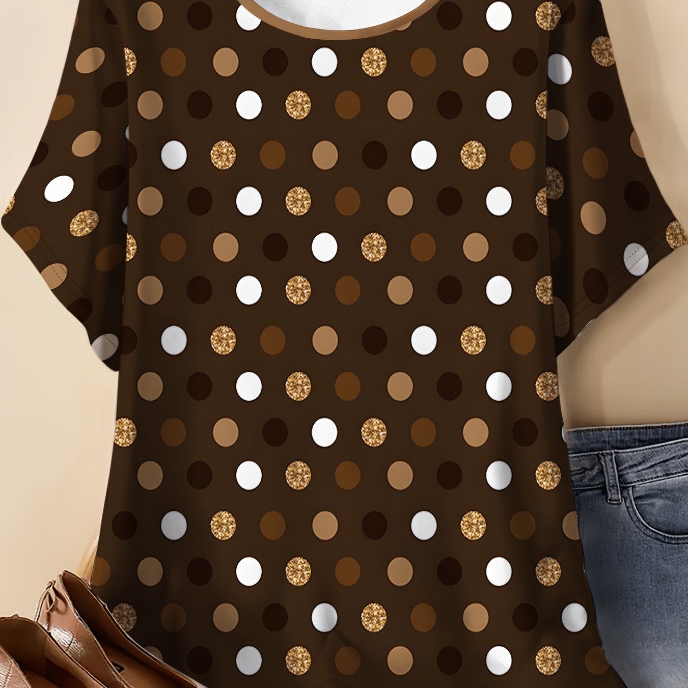 TEMU Dark Brown Base Color With Golden Glitter Polka Dot Print, Short Sleeves, Loose Fit, Plus Size, Round Neck T-shirt, Casual And Versatile Elegant