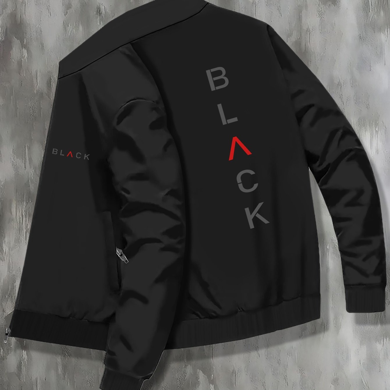 TEMU Black Plus Size Men's College Style Black Knitted Jacket With Polyester And Elastane, Small Stand Collar, Machine Washable