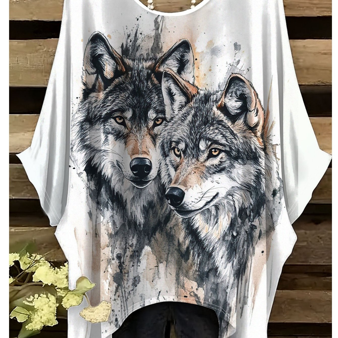 TEMU Plus Size, Women's Plus Size Wolf Head Print T-shirt - Vintage Round Neck Short Sleeve Blouse Suitable For Daily Wear, Irregular , Stretch,