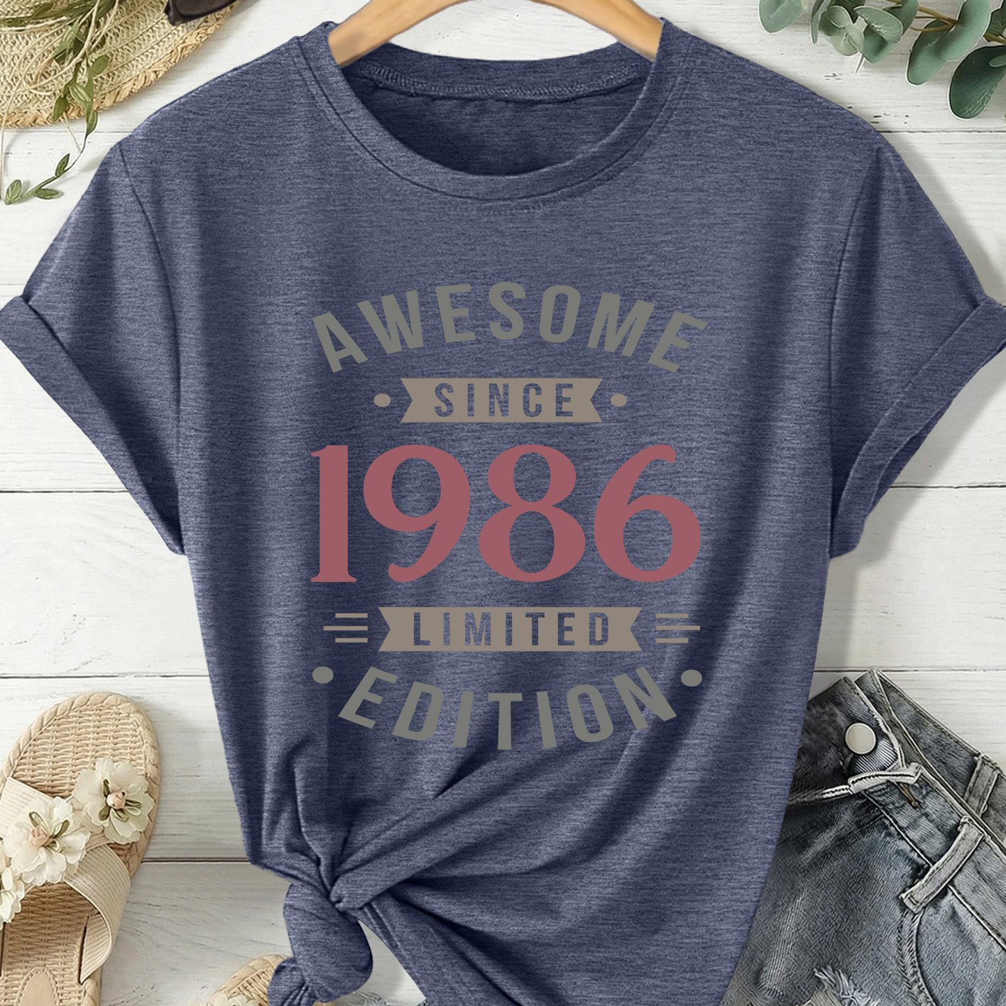 TEMU Spring Summer Women's Short Sleeve T-shirt, 1986 Edition Pattern Print Round Neck Casual Loose Plus Size Tee, Fashion Casual Daily Vacation