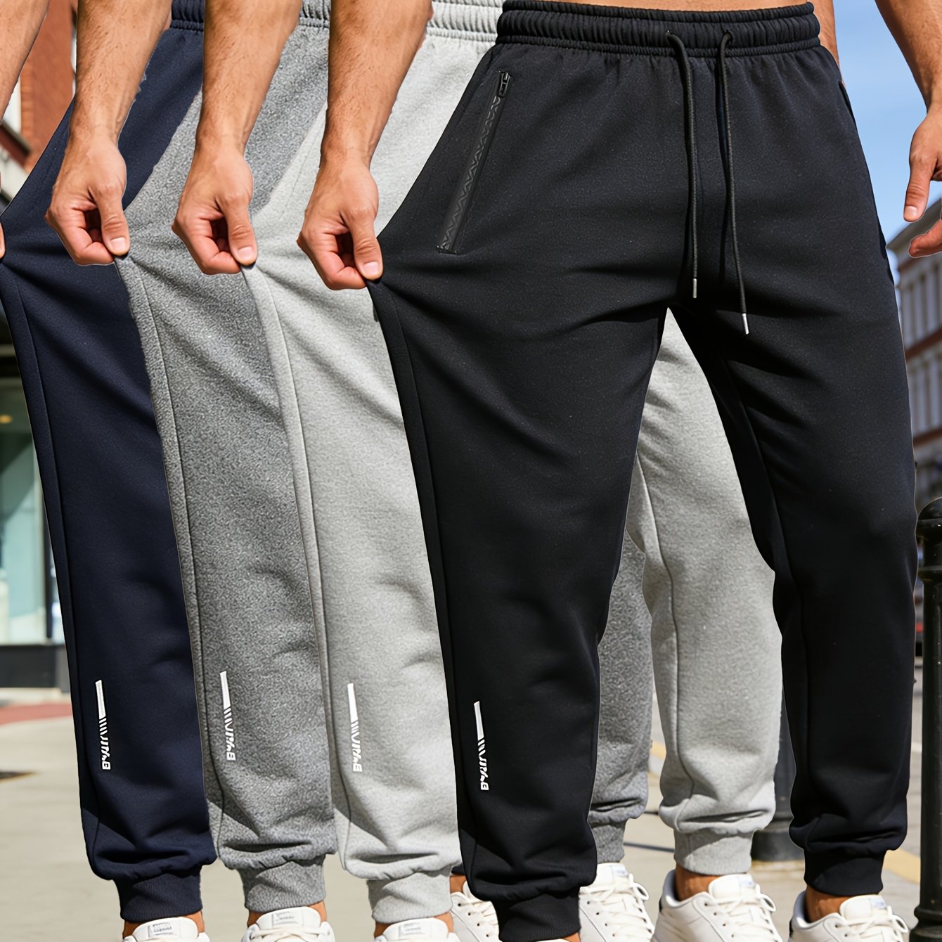 TEMU Men's 4pcs Spring/autumn Casual Jogger Pants | Zippered Pockets, Drawstring, Letter Print, Solid Color Sweatpants, Suitable For Clothing,