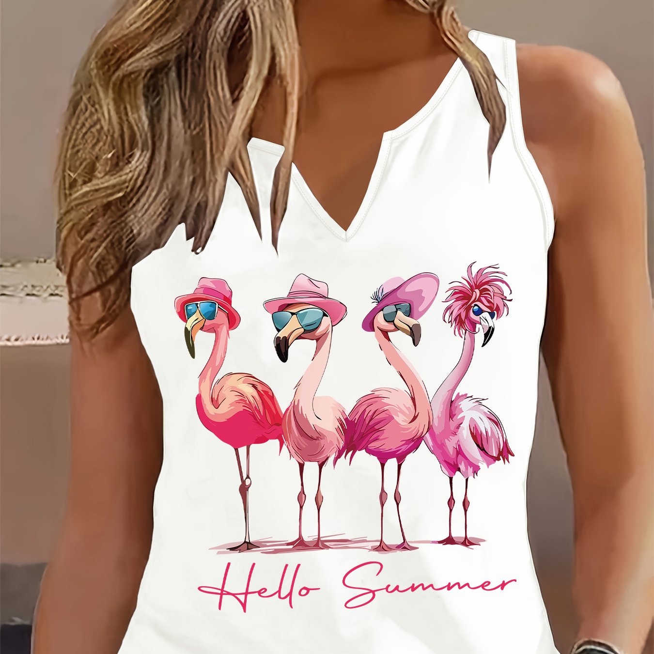 TEMU Women's Flamingo & "hello Summer" Graphic Print Tank Top - Sleeveless V-neck Casual Summer Top, Lightweight Machine-washable Opaque Shirt For